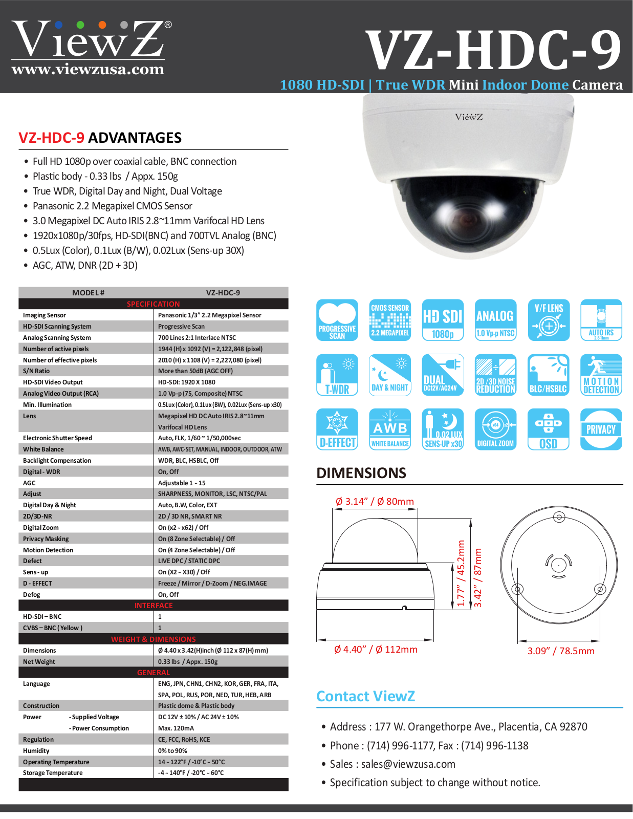 ViewZ VZ-HDC-9 Specsheet