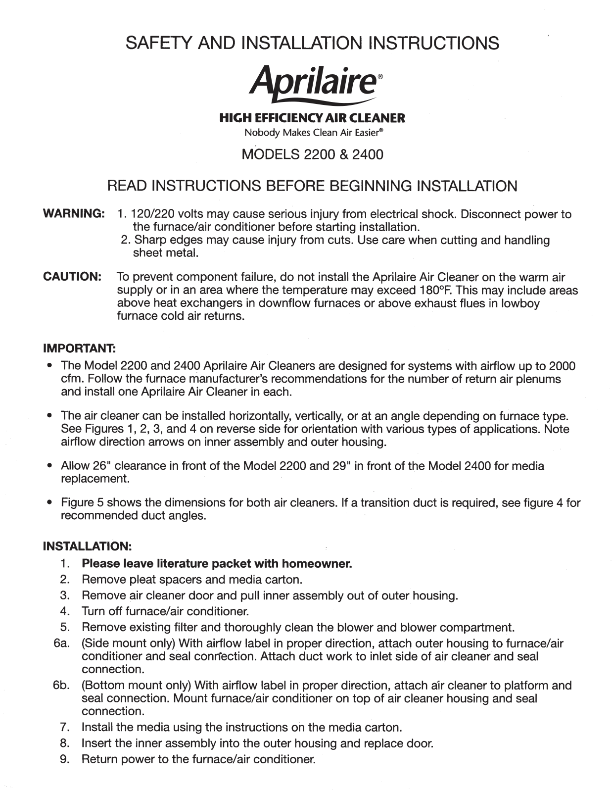 Aprilaire Air Cleaner 2400 User Manual