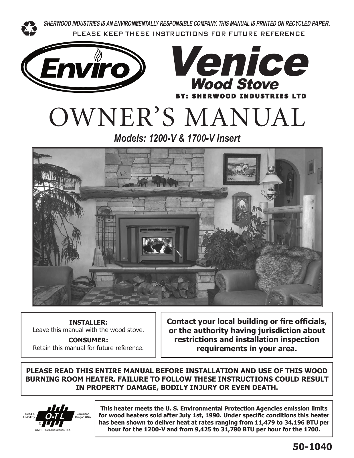 Enviro Venice, 1200-V Insert, 1700-V Insert User Manual