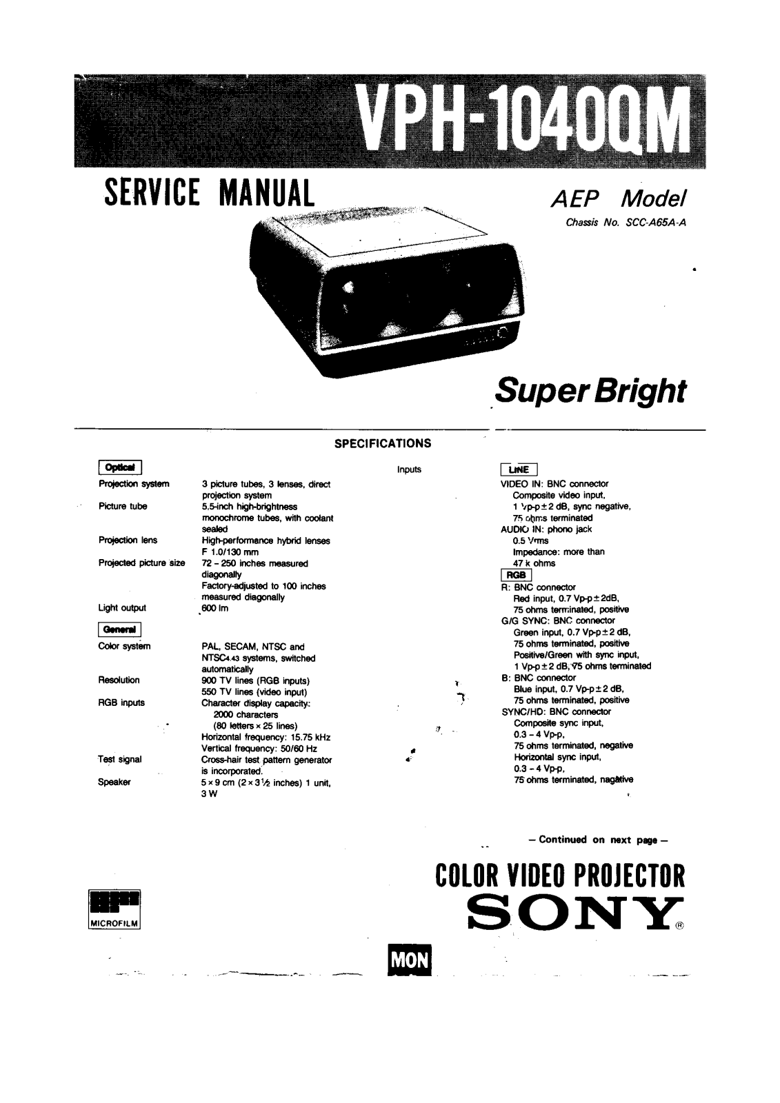 Sony VPH-1040QM Service Manual