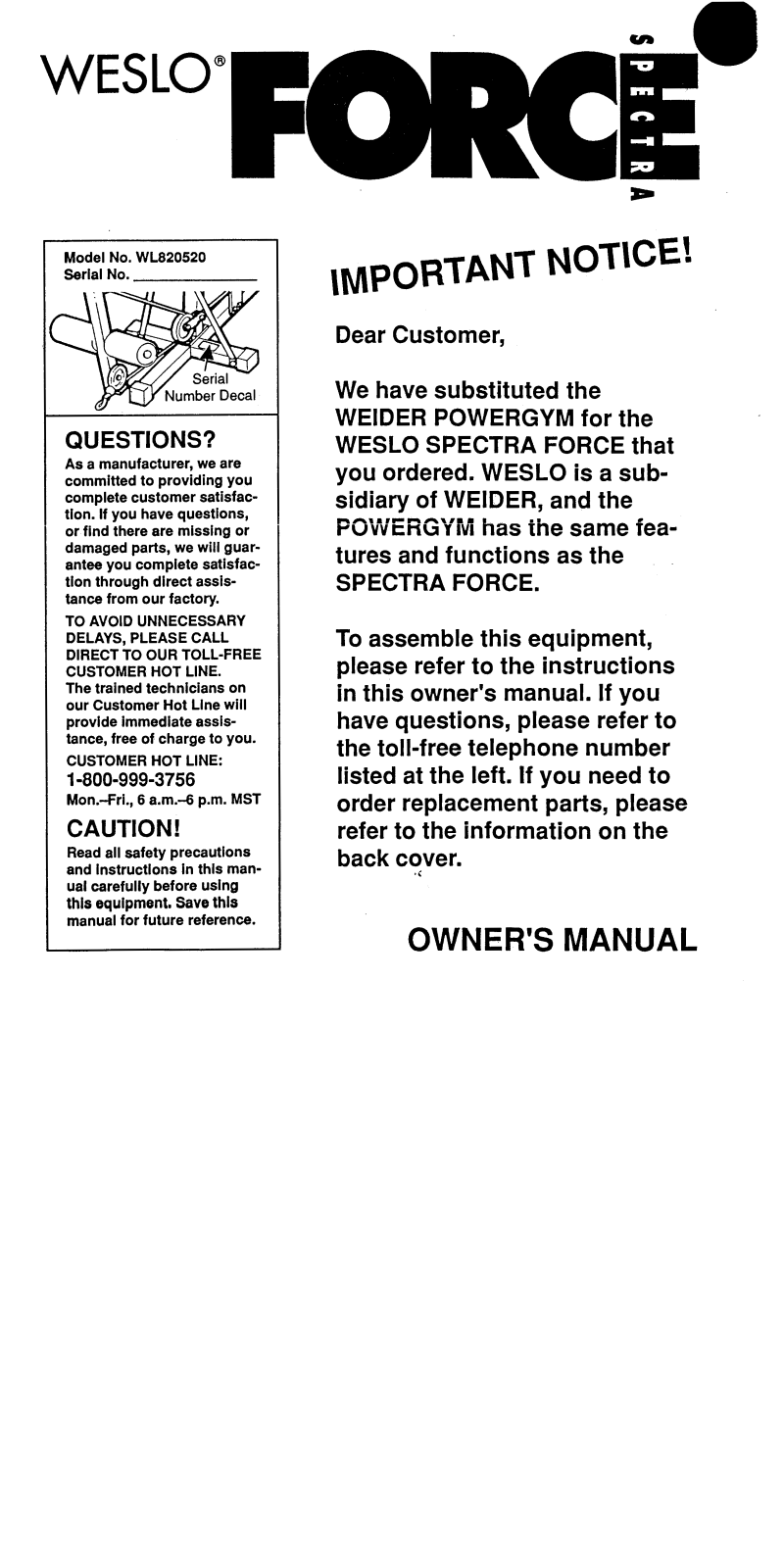 Weslo WL820520 Owner's Manual