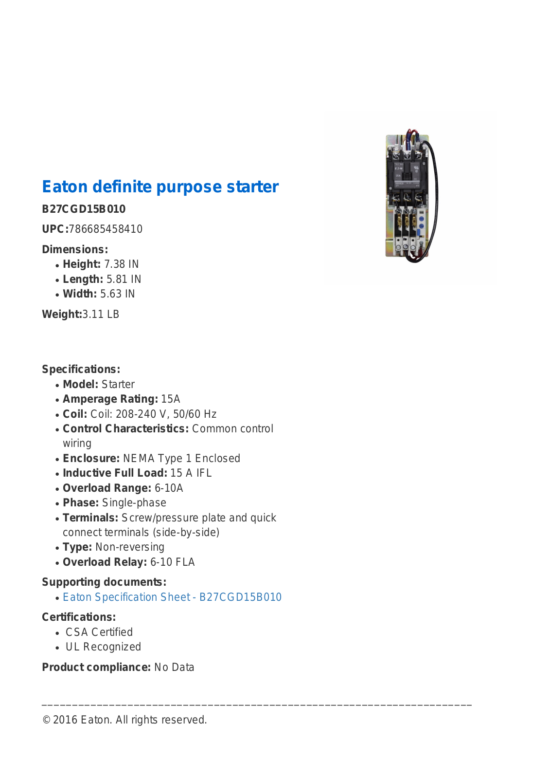 Cutler Hammer, Div of Eaton Corp B27CGD15B010 Specifications