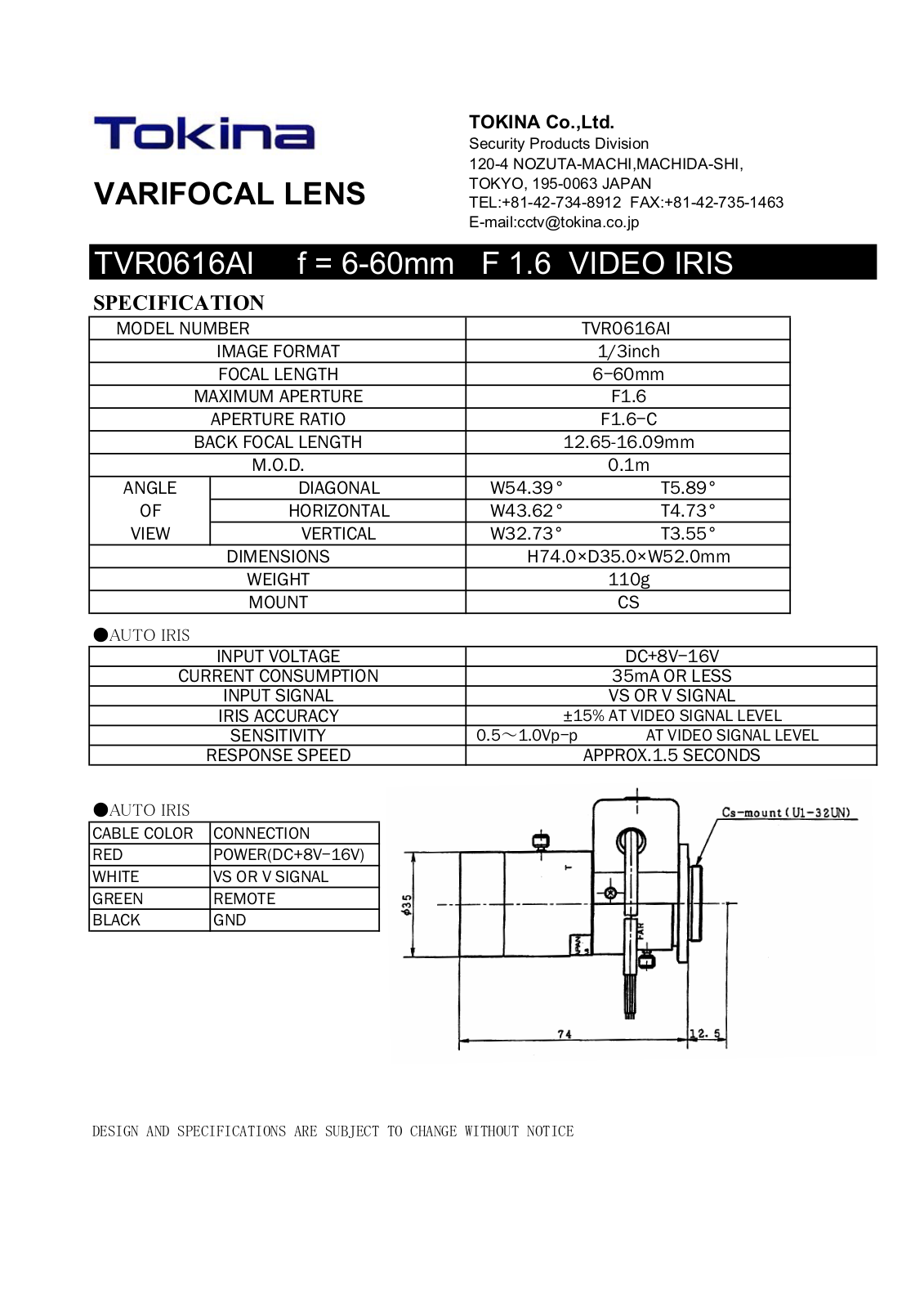 Tokina TVR0616AI User Manual