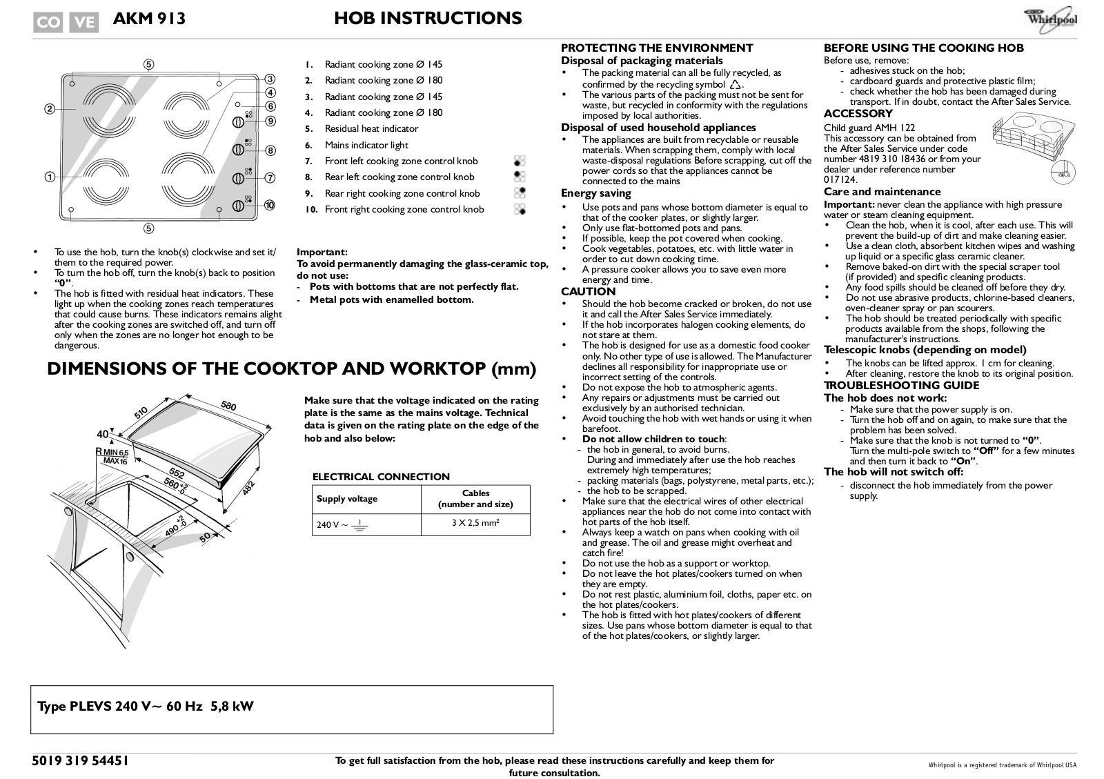 Whirlpool AKM 913/NB PROGRAM CHART