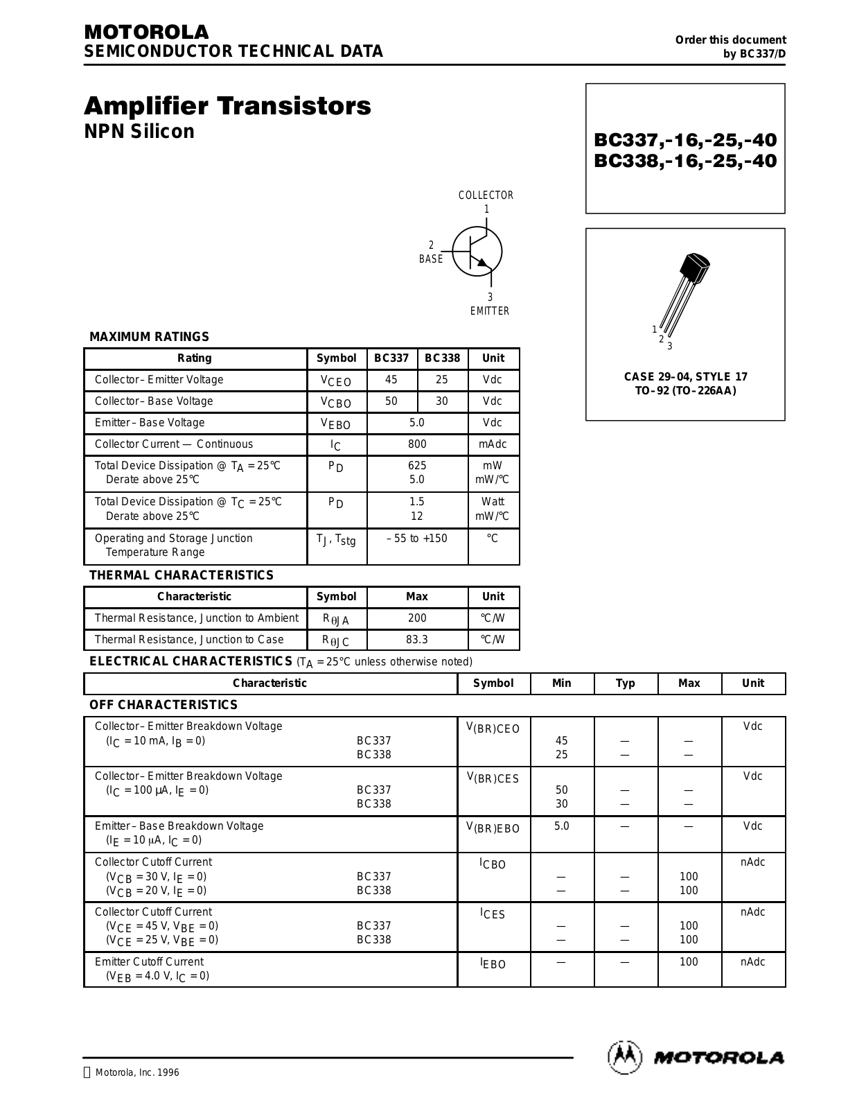 Motorola BC338-40, BC337-40, BC337, BC337-25, BC337-16 Datasheet