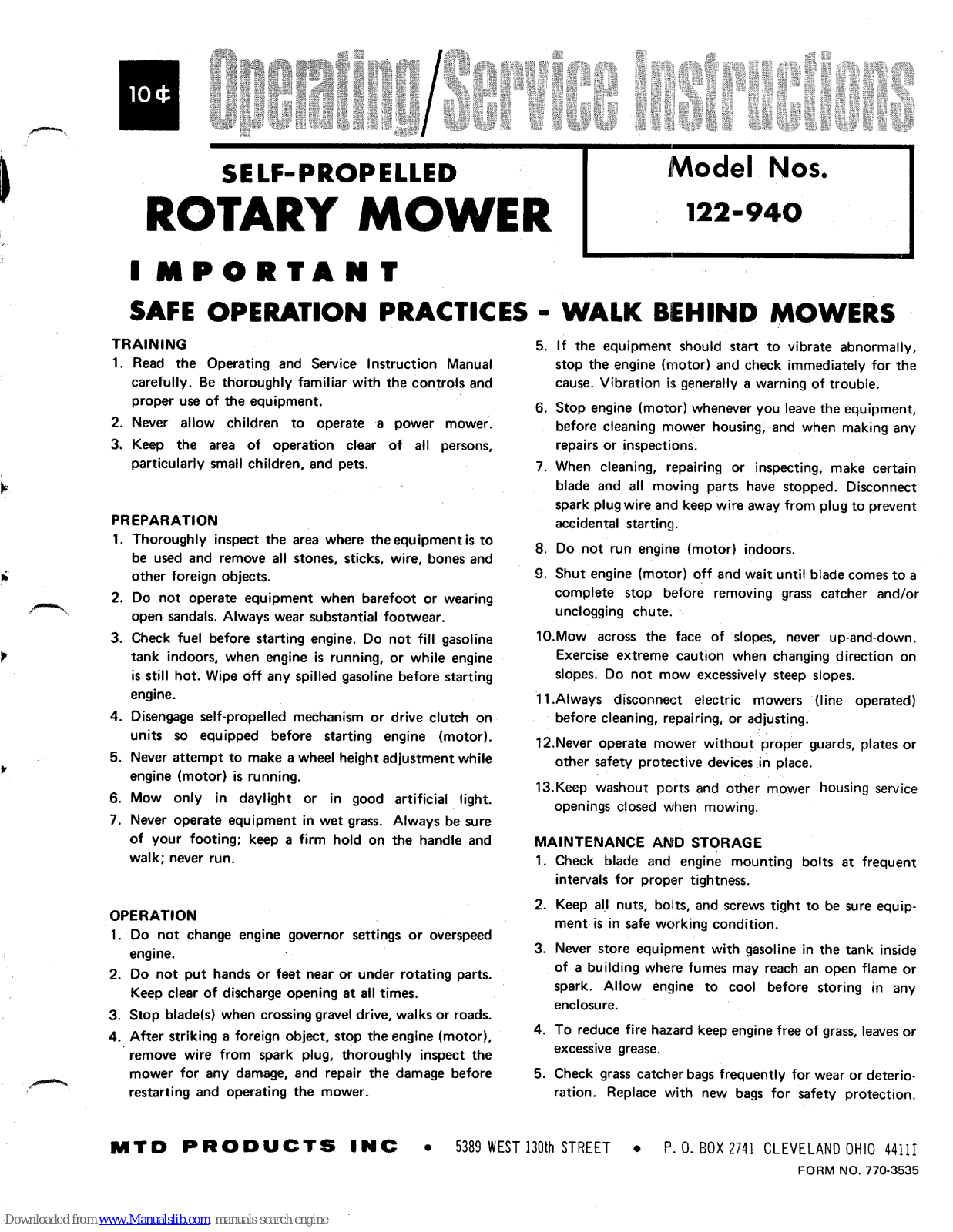 MTD 122-940 Operating/service Instructions Manual