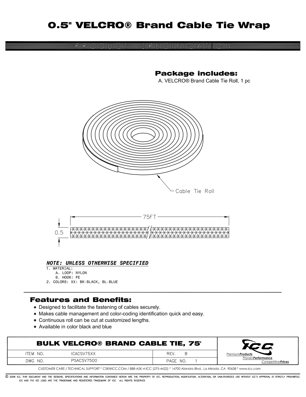 ICC ICACSV75BL Specsheet