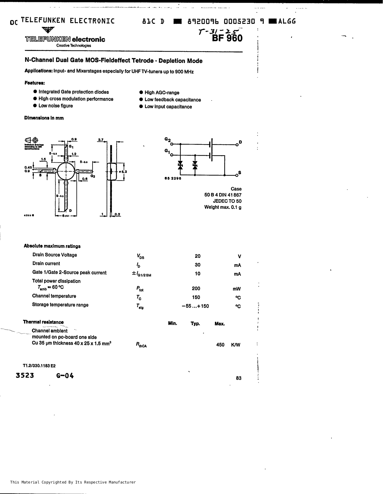 Vishay Telefunken BF960 Datasheet