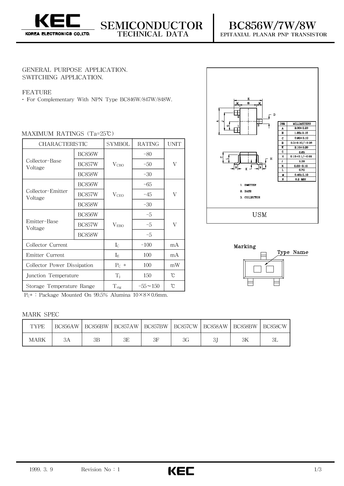 Korea Electronics Co  Ltd BC858CW, BC857BW, BC857CW, BC858AW, BC858BW Datasheet