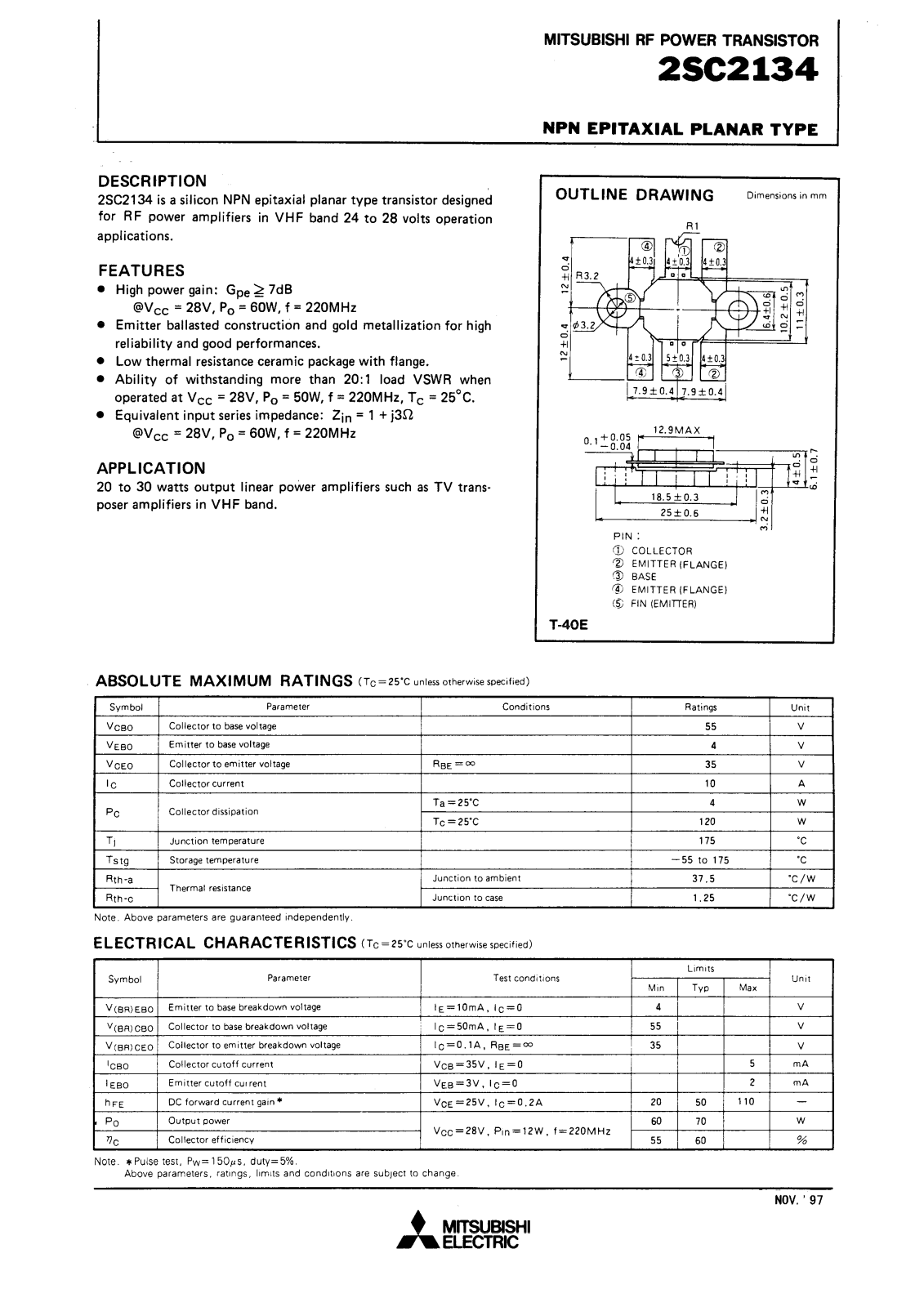 Mitsubishi Electric Corporation Semiconductor Group 2SC2134 Datasheet