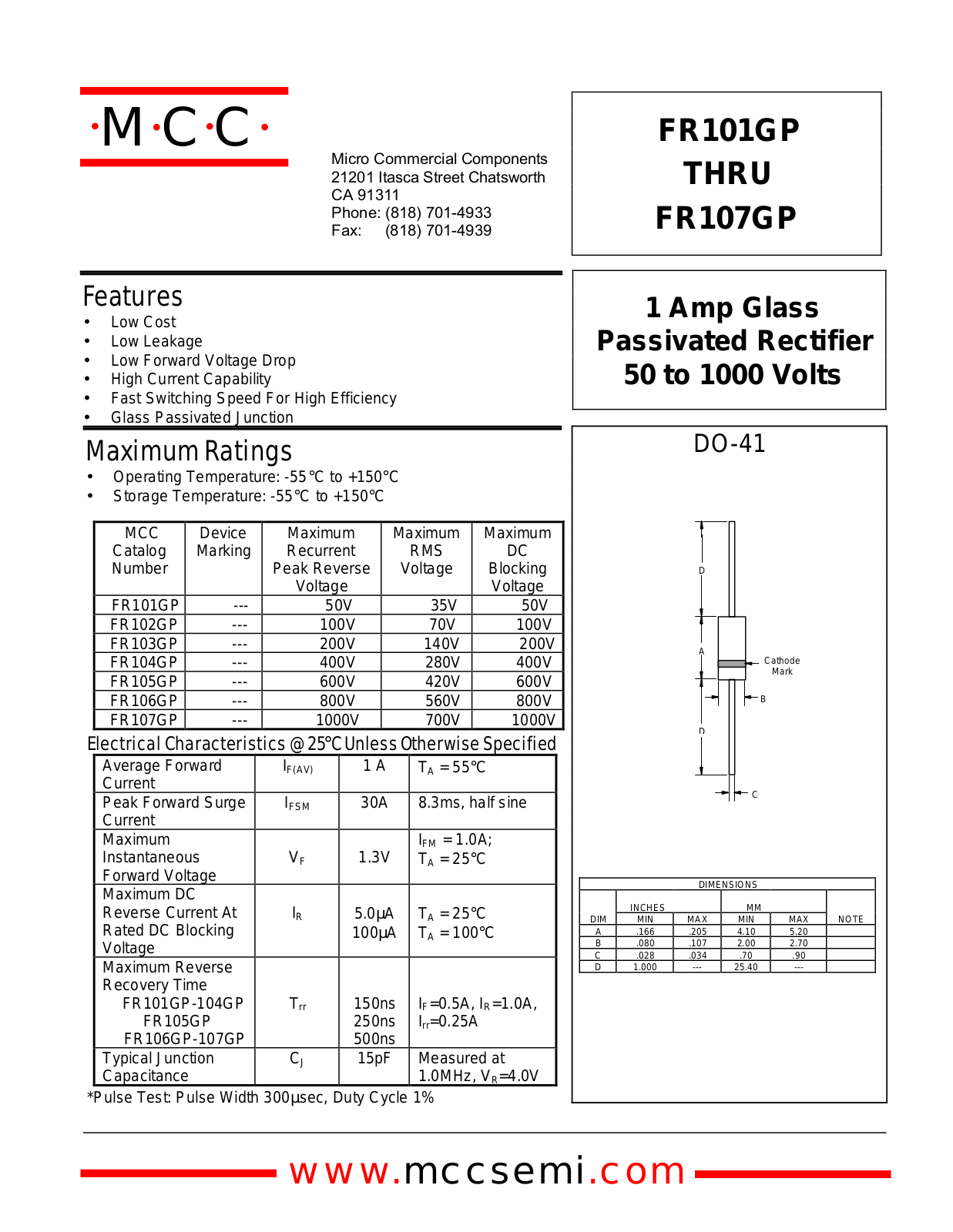 MCC FR107GP, FR106GP, FR105GP, FR104GP, FR102GP Datasheet