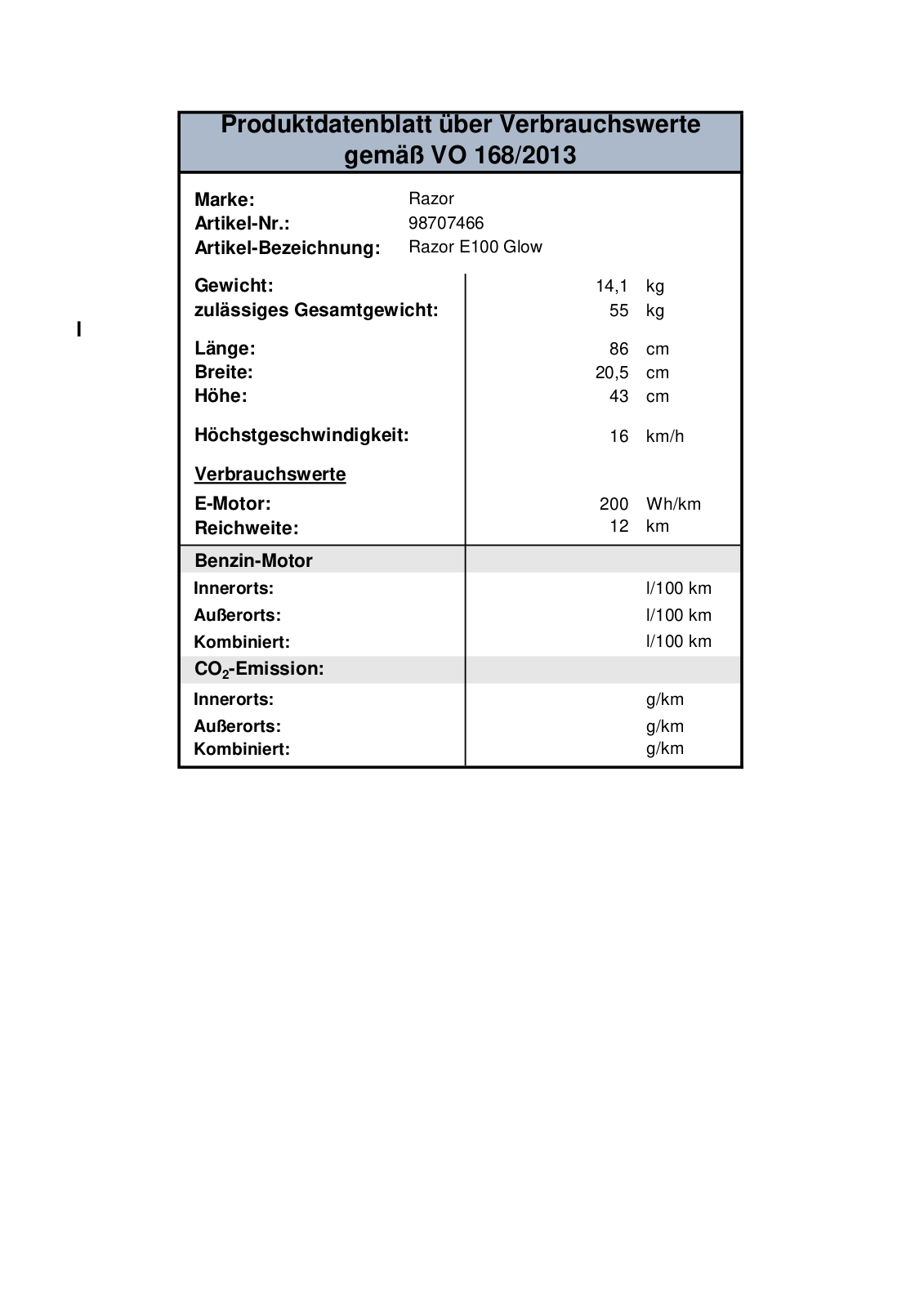 Razor E100 Glow Technical data