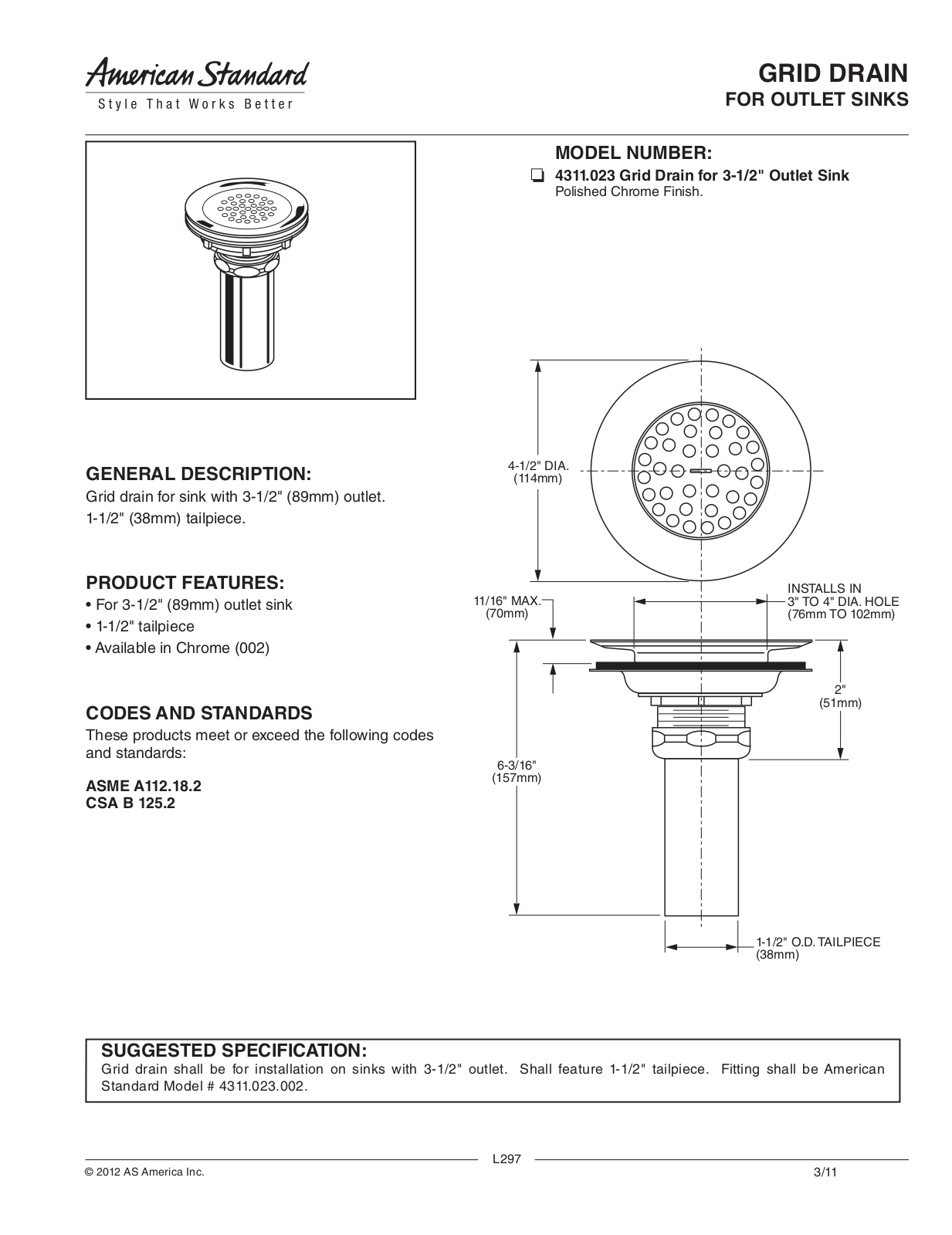 American Standard ASD3276 Specifications - ManualMachine.com