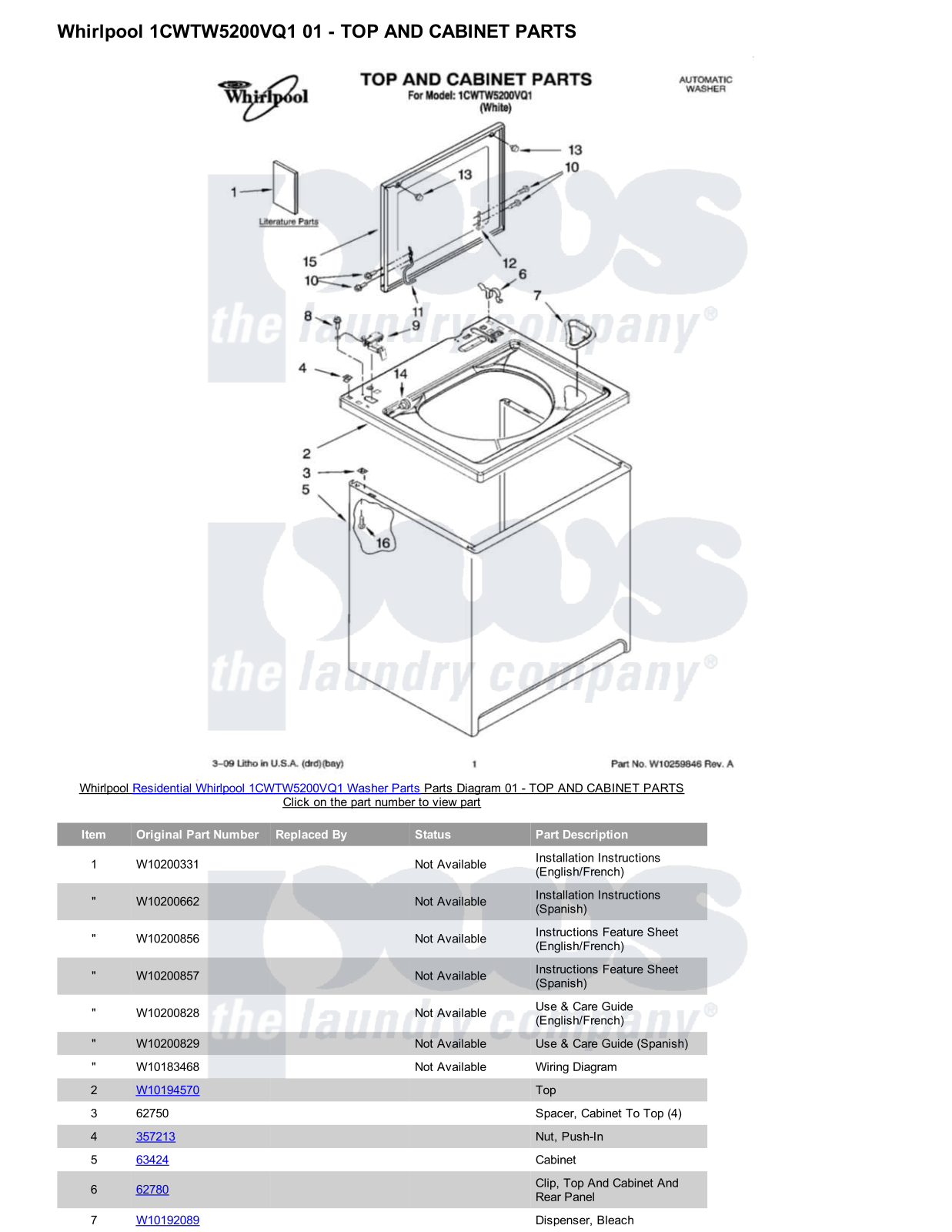 Whirlpool 1CWTW5200VQ1 Parts Diagram