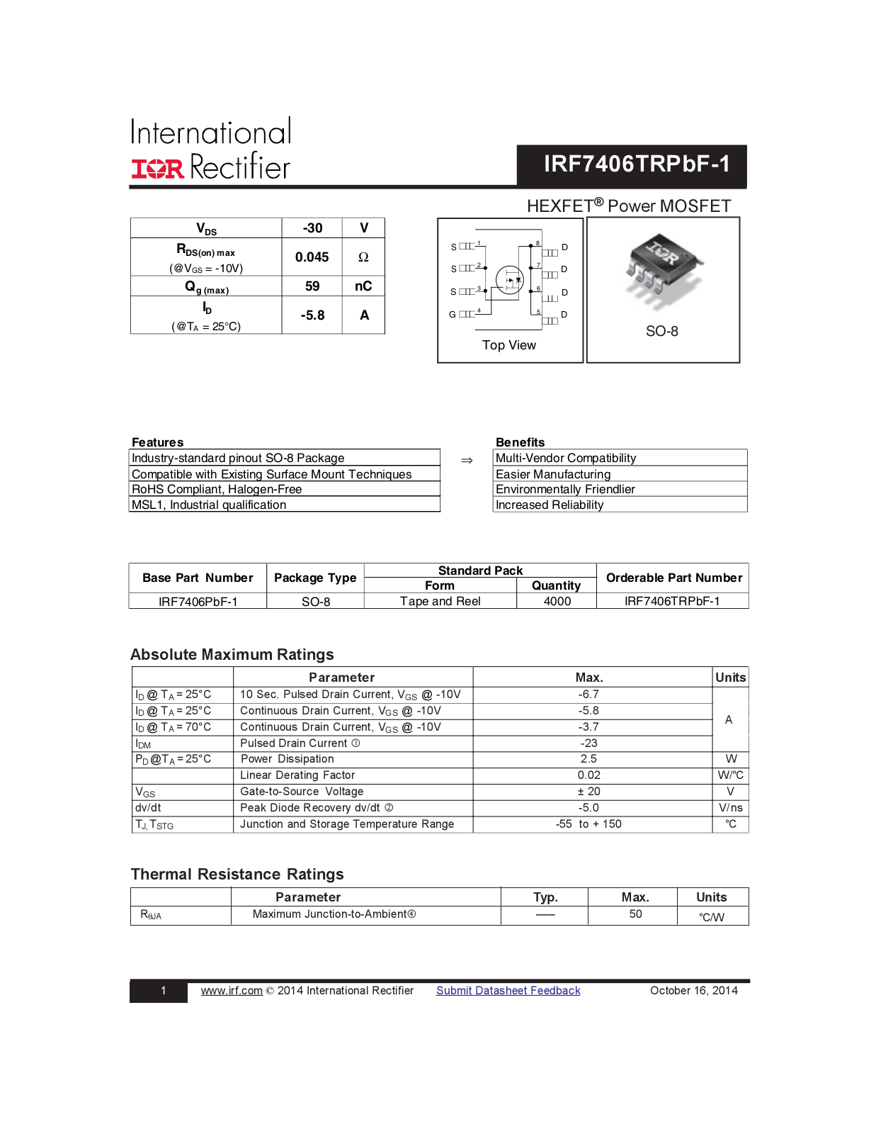 Datasheet IRF7406PBF Datasheet - ManualMachine.com