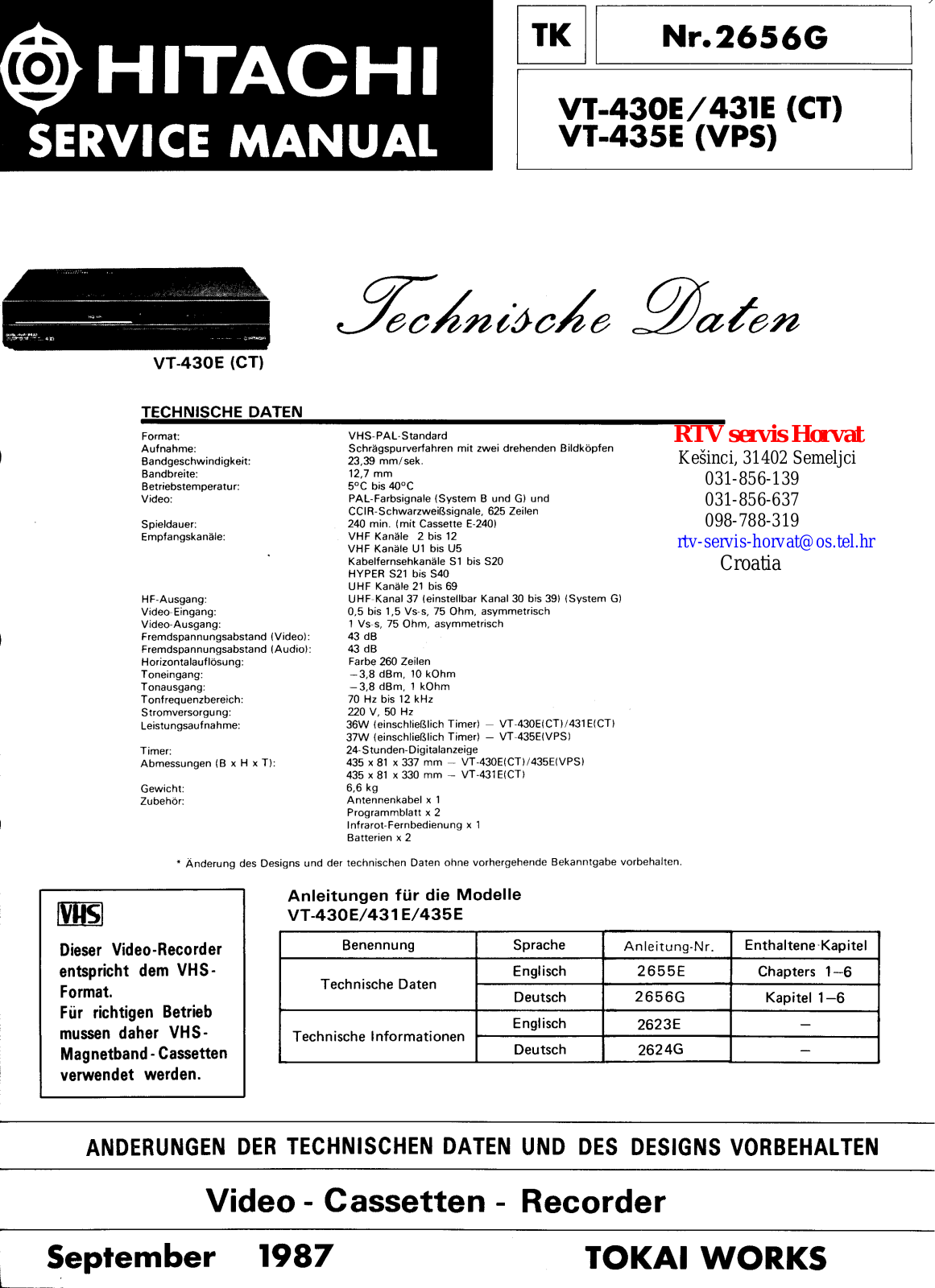 Hitachi vt-430e, vt-431e, vt-435e Service Manual