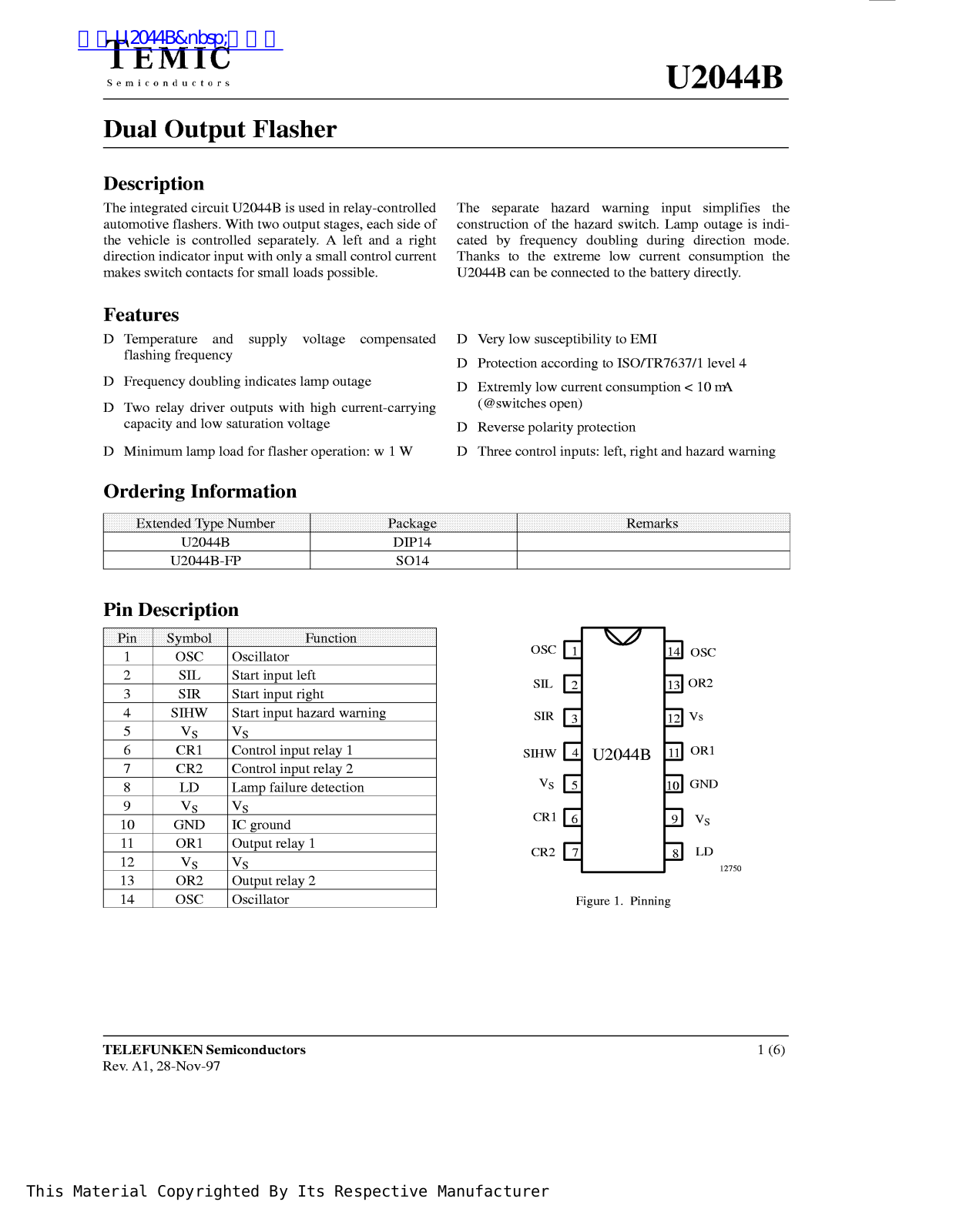 TEMIC U2044B Technical data