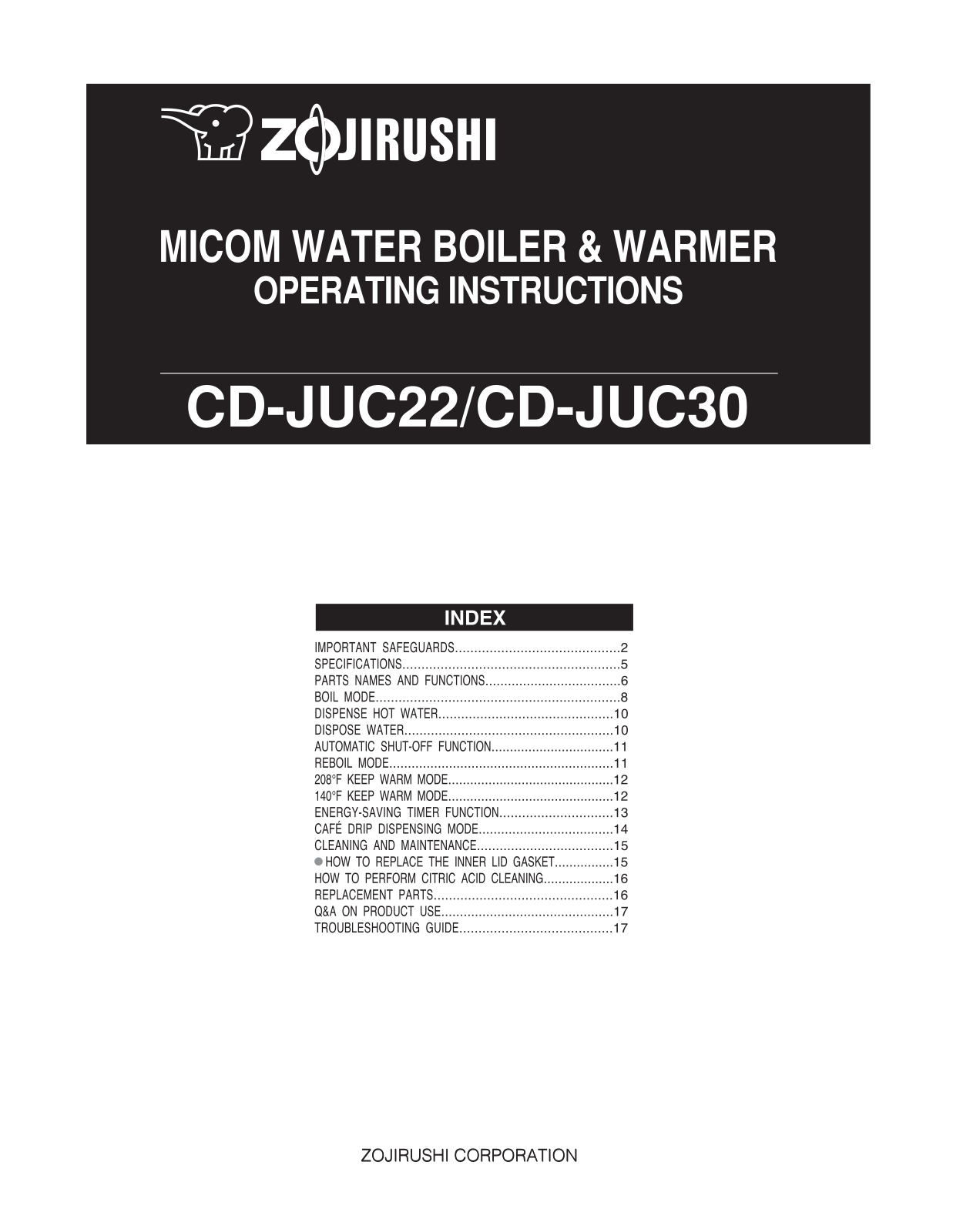 Zojirushi CD-JUC22-30 Owner's Manual