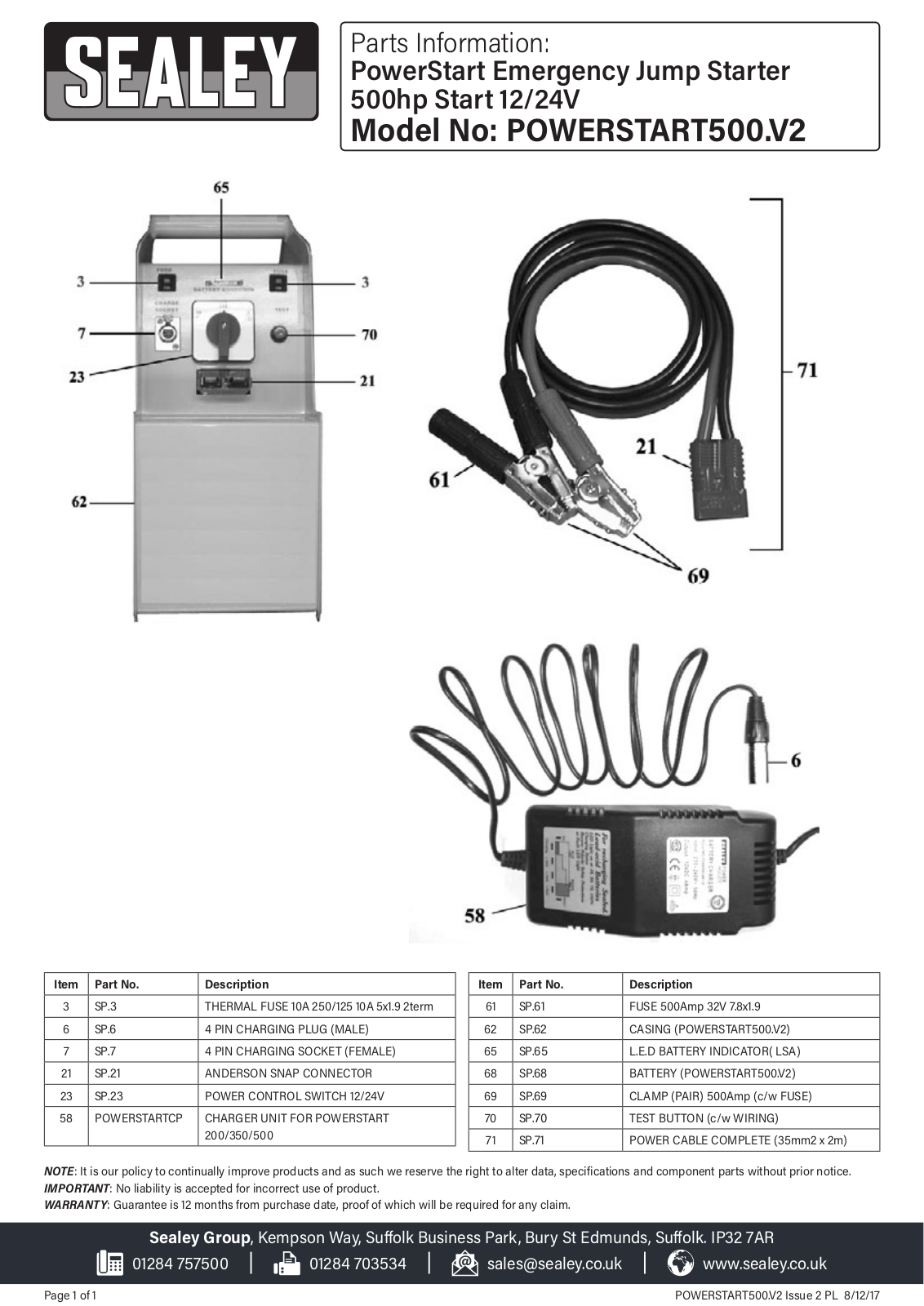 Sealey POWERSTART500.V2 Parts Listing