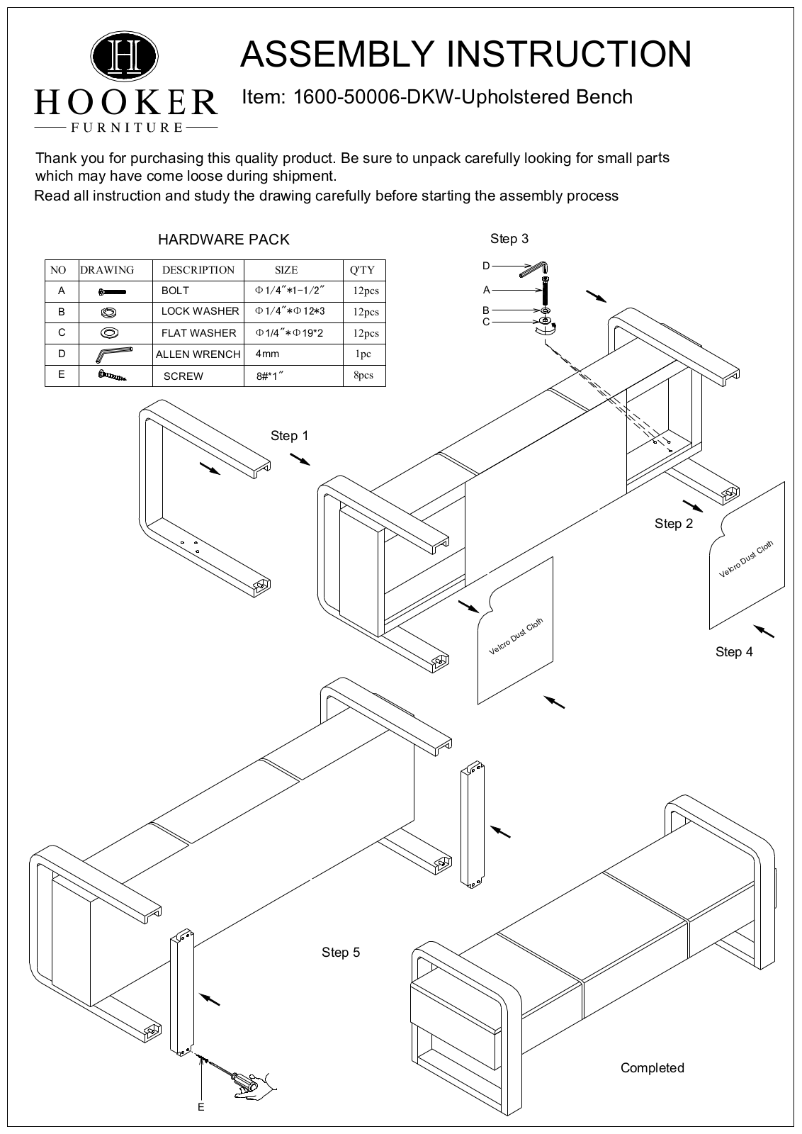 Hooker Furniture 160050006DKW Assembly Guide