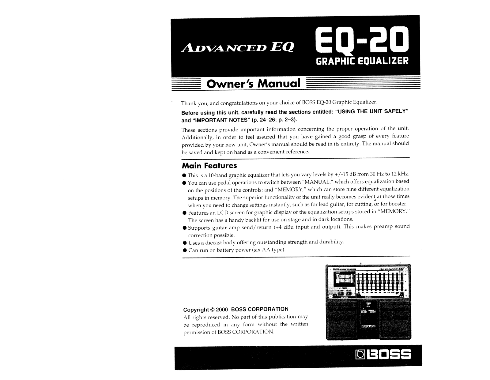 Roland Corporation EQ-20 Owner's Manual