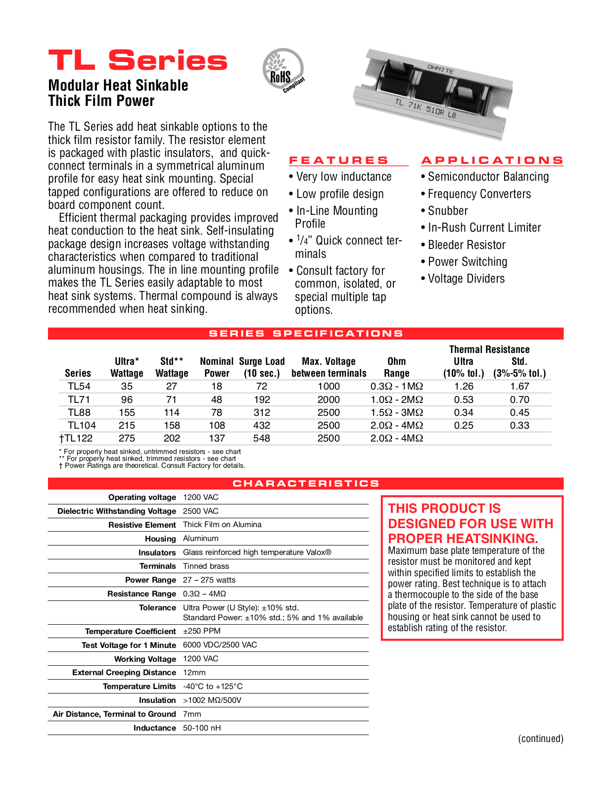 Ohmite TL Series Data Sheet