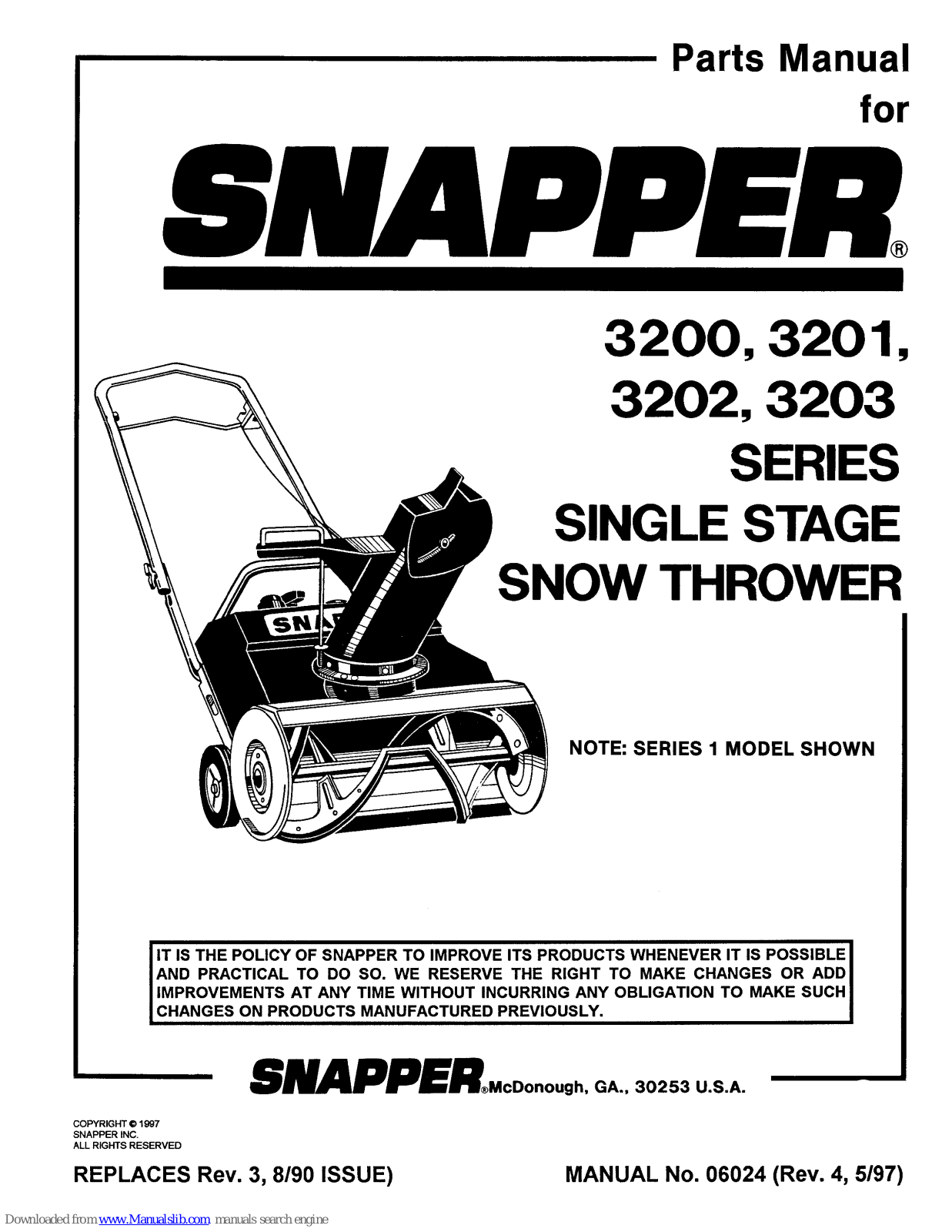 Snapper 3200 Series,3201 Series,3202 Series,3203 Series Parts Manual