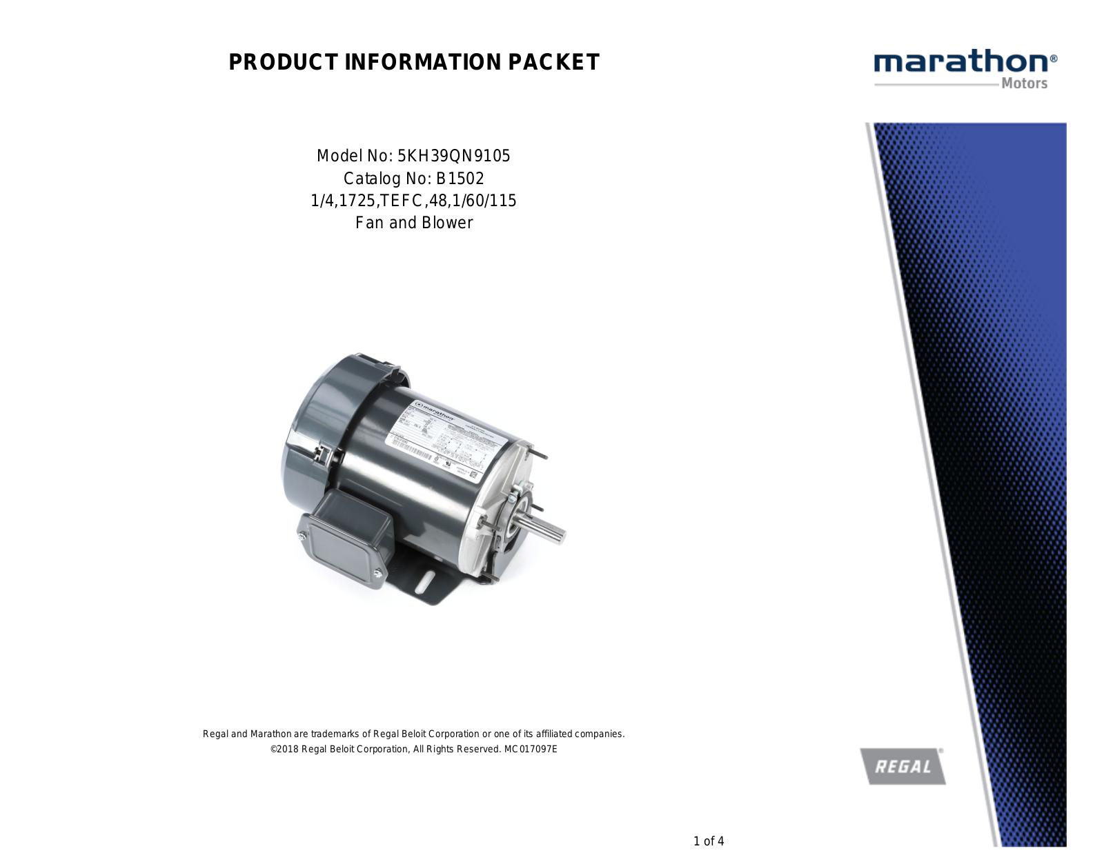 Marathon Electric 5KH39QN9105 Product Information Packet