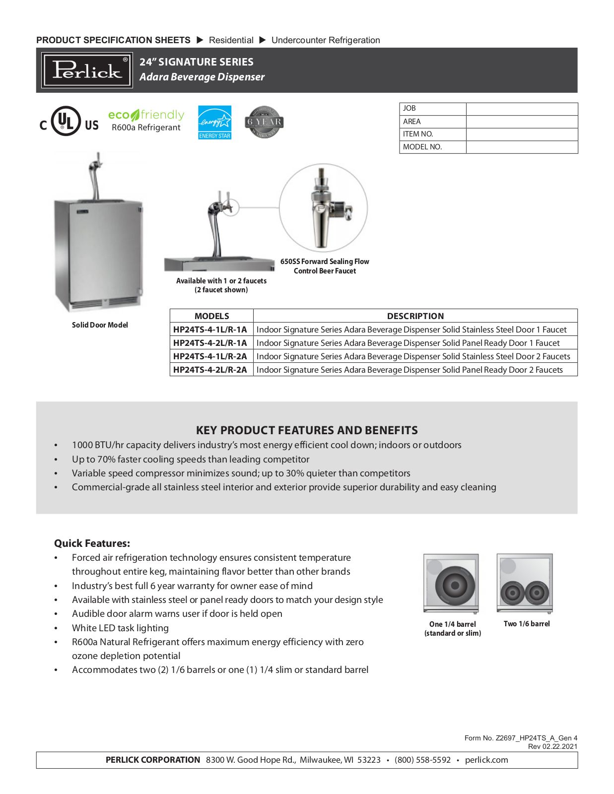 Perlick HP24TS-4-1R-1A, HP24TS-4-2R-1A, HP24TS-4-1R-2A, HP24TS-4-2R-2A, HP24TS-4-1L-1A Specification Sheet