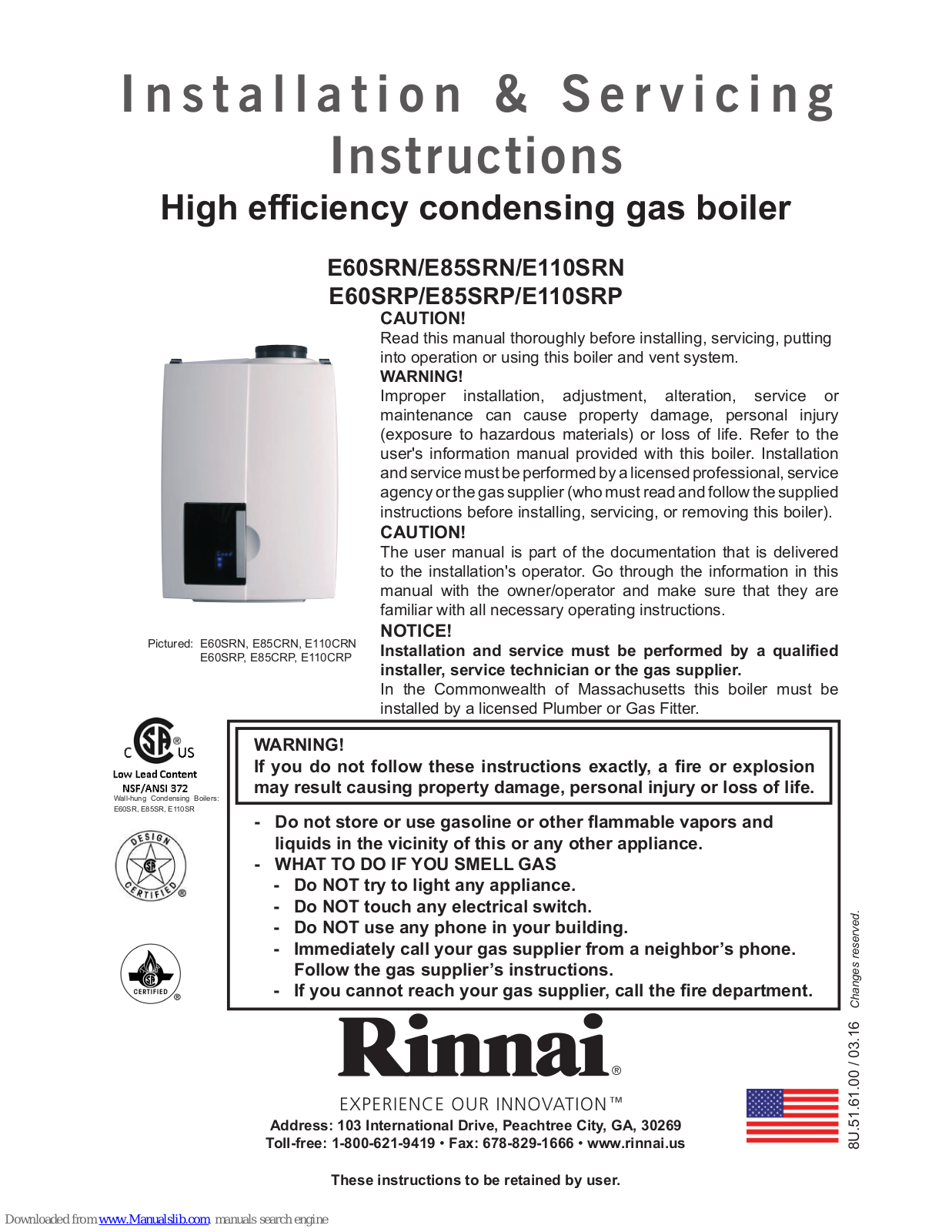 Rinnai E60SRN, E85SRN, E110SRN, E85SRP, E60SRP Installation & Service Instructions Manual