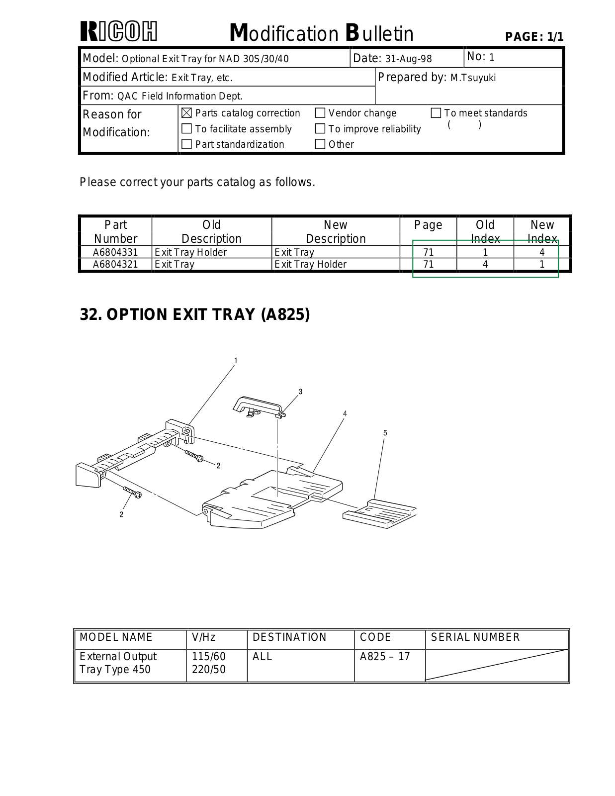 Ricoh tray450 Modification Bulletin