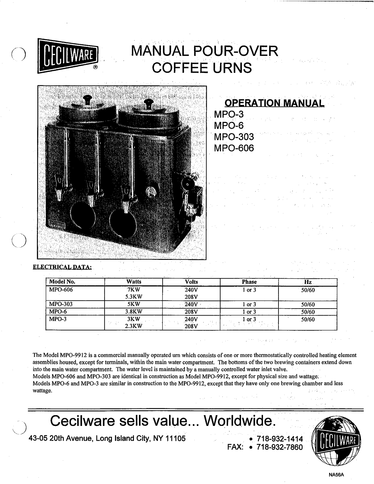 Cecilware MPO-303, MPO-606 Operation Manual