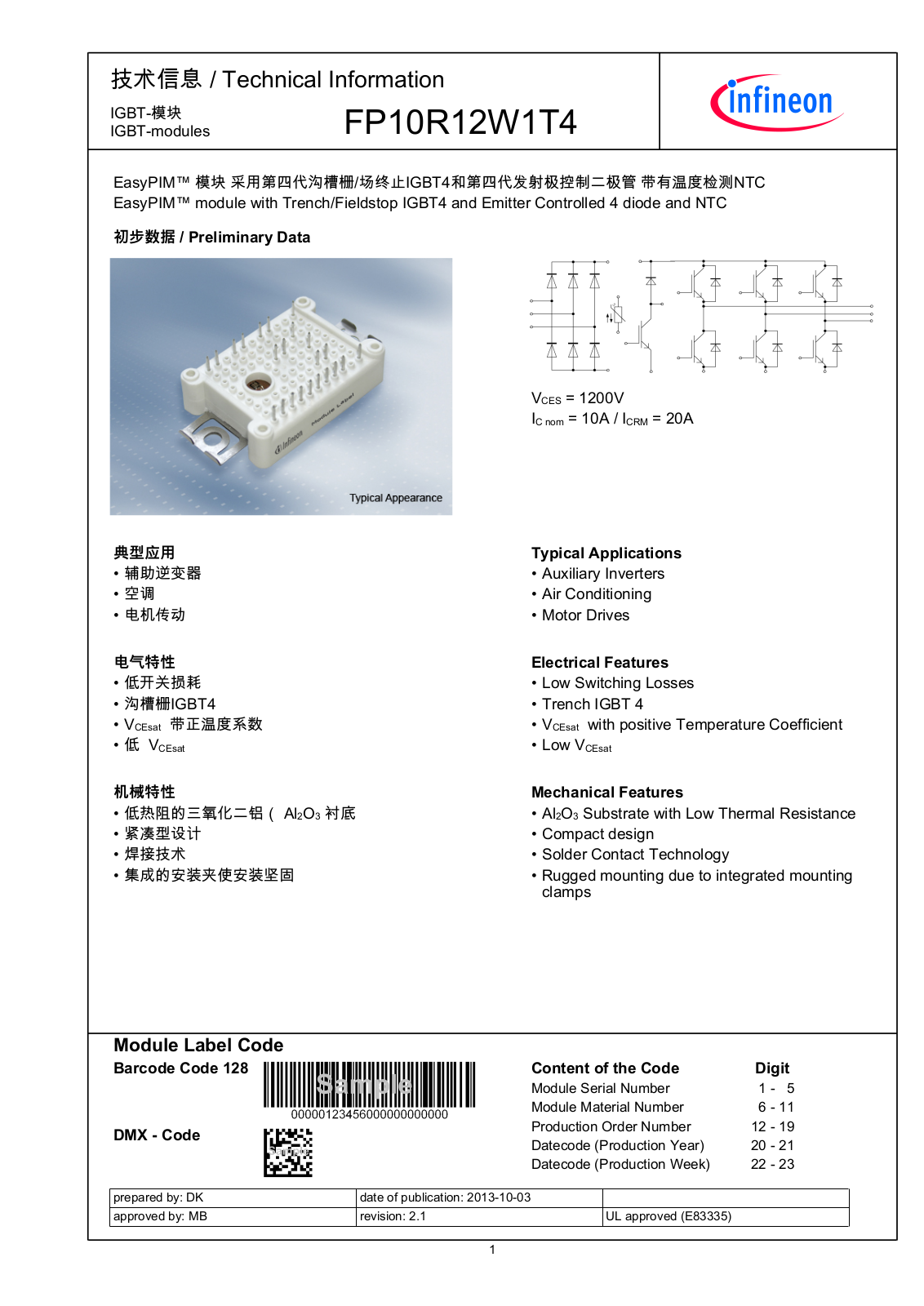 Infineon FP10R12W1T4 Data Sheet