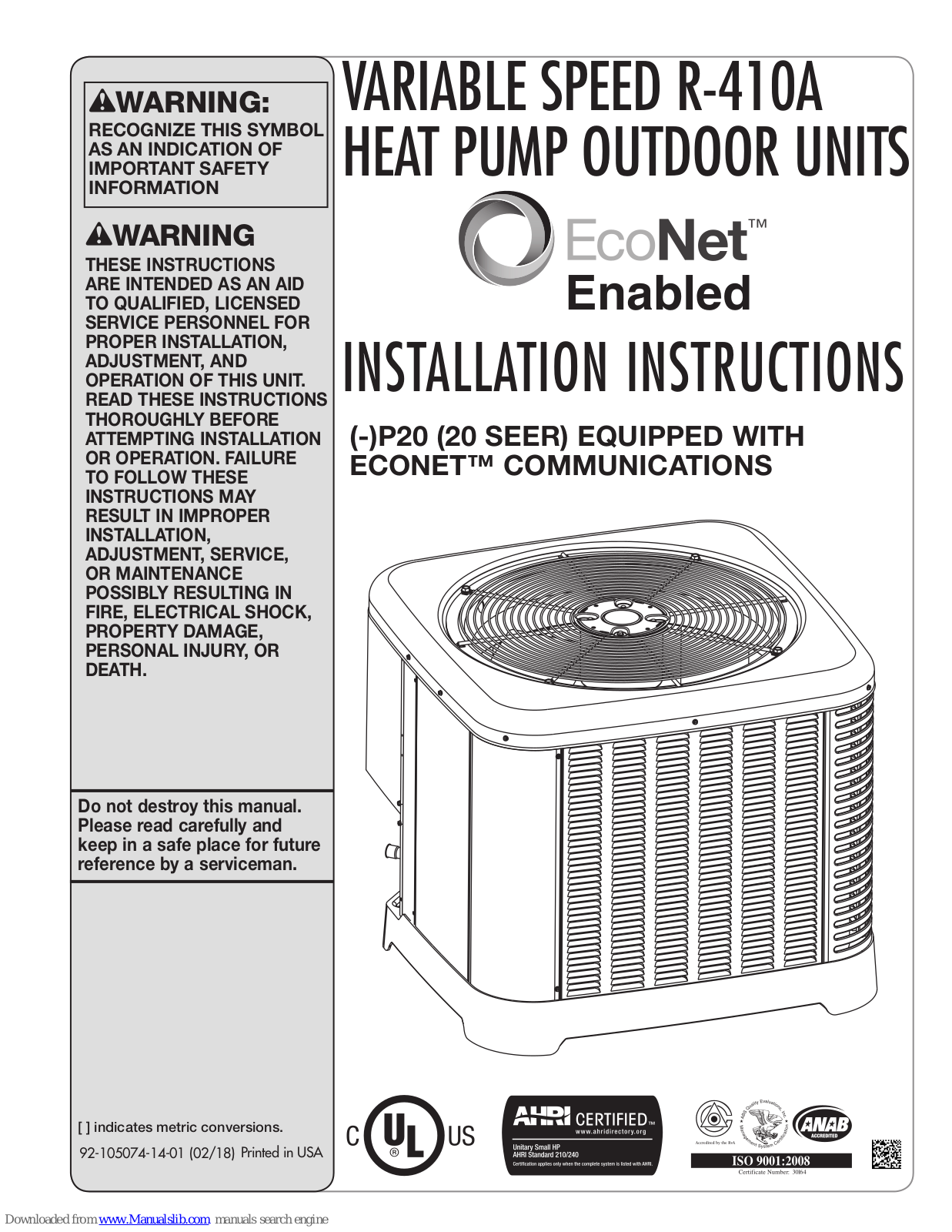 Rheem ECONET RP2024BJVCA, ECONET RP2036BJVCA, ECONET RP2060BJVCA, ECONET RP2048BJVCA Installation Instructions Manual