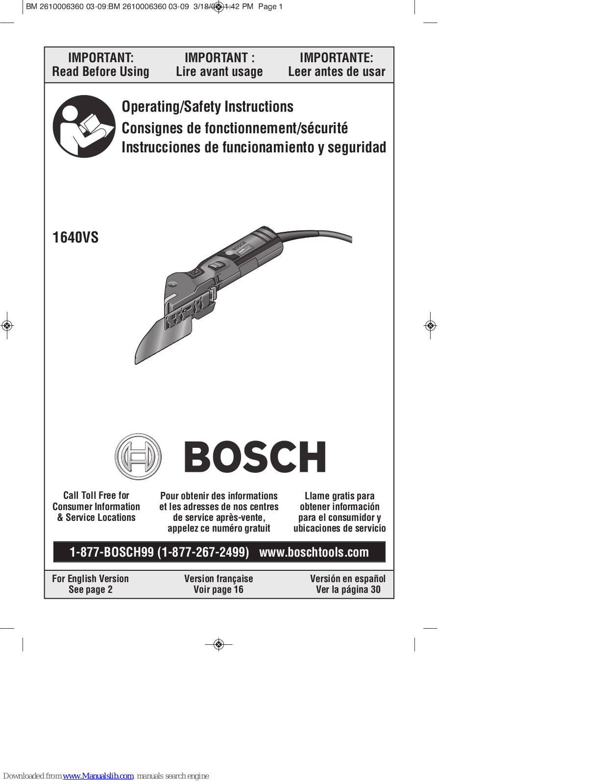 Bosch Finecut 1640vs Operating/safety Instructions Manual