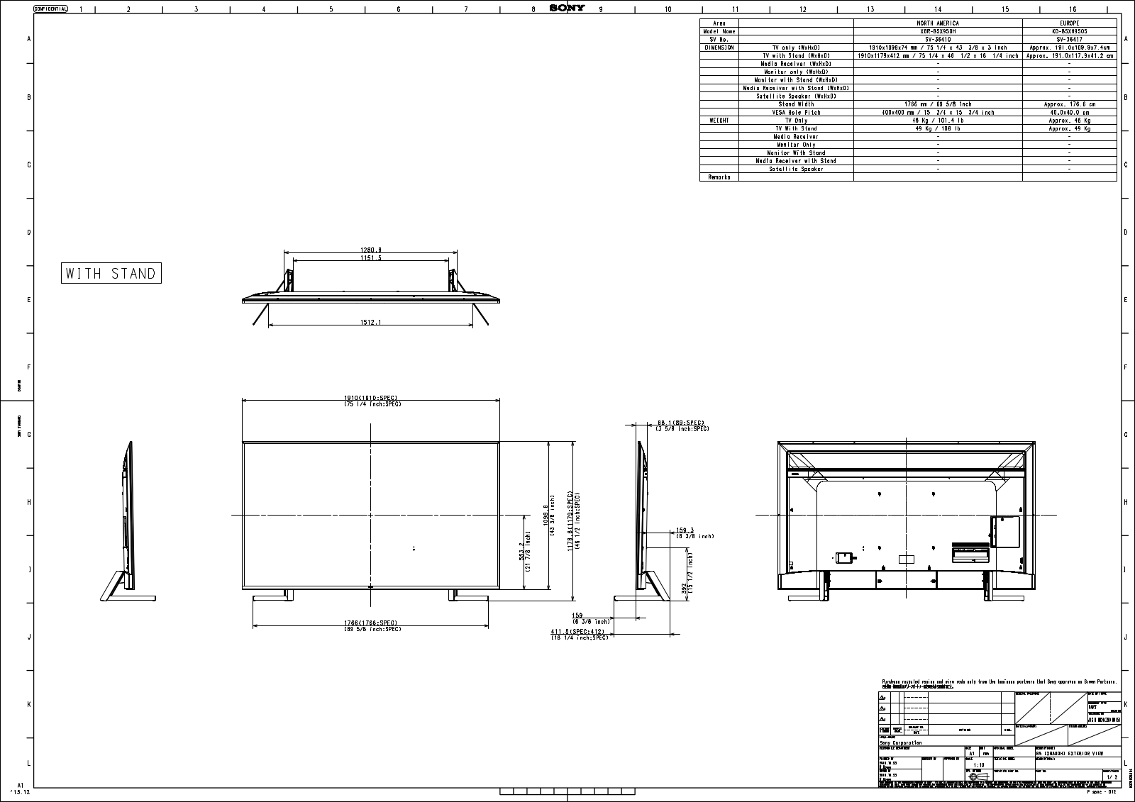 Sony XBR85X950H Dimensions Guide