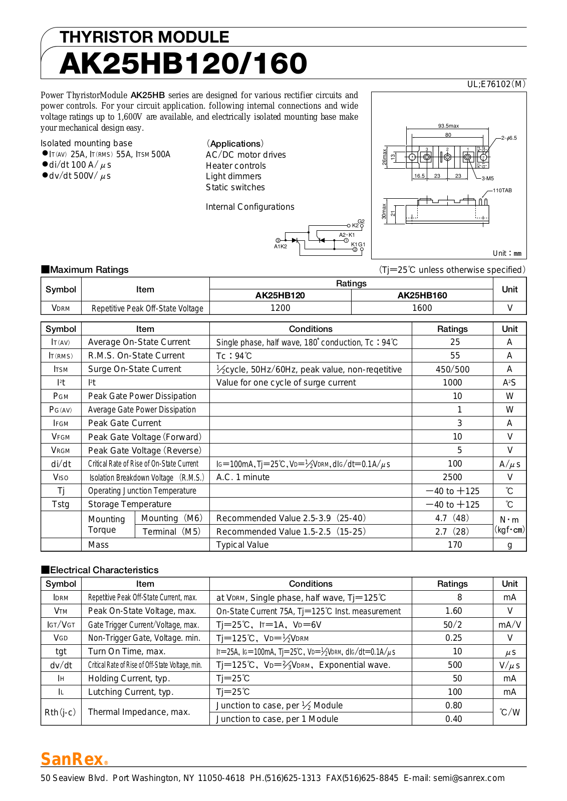 Sanrex-Sansha Electric Manufacturing AK25HB120, AK25HB160 Data Sheet