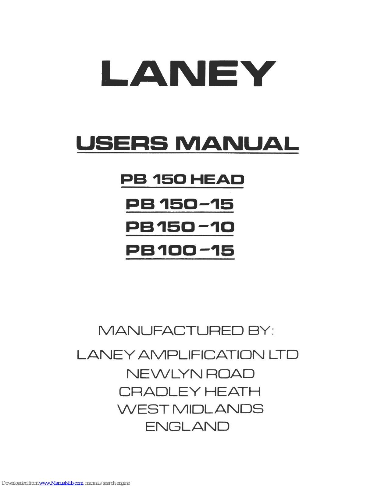 Laney PB 150 HEAD, PB 150-15, PB 150-10, PB 100-15 User Manual