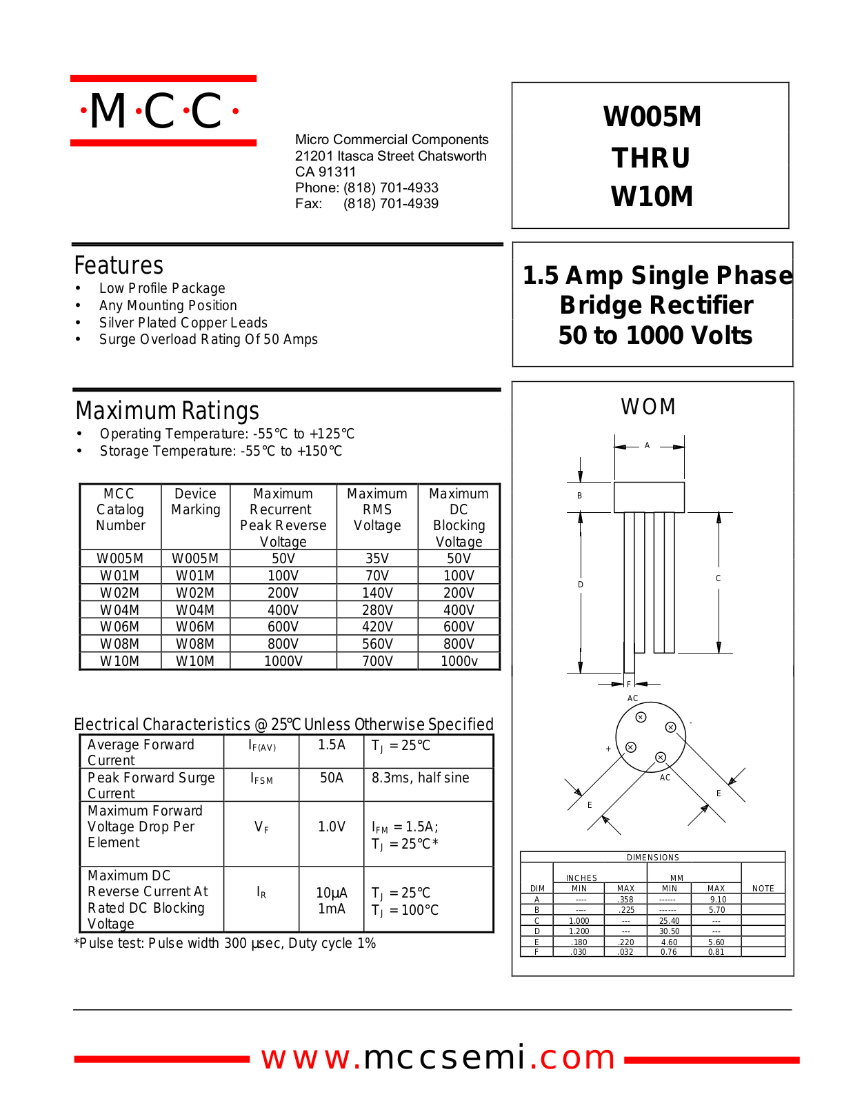 MCC W02M, W08M, W06M, W10M, W04M Datasheet