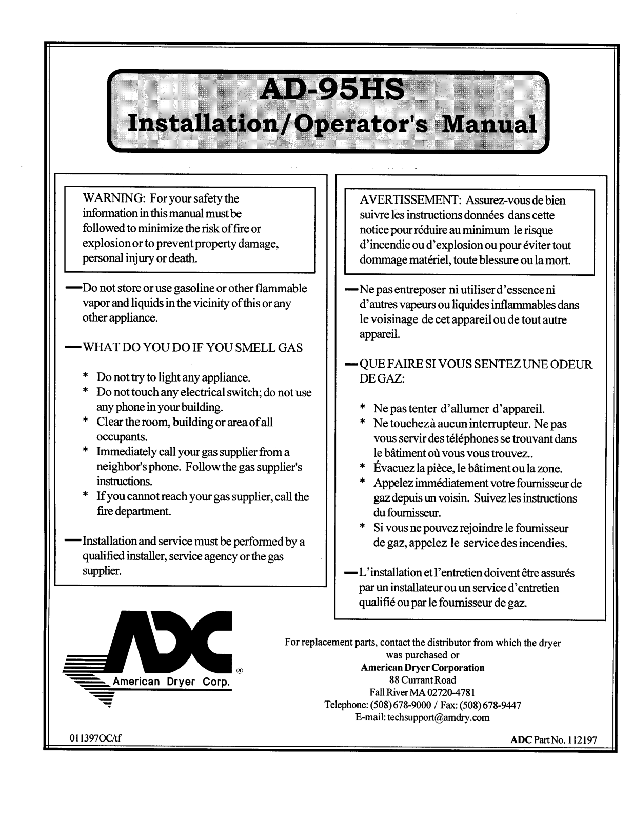 American Dryer Corp AD-95HS User Manual