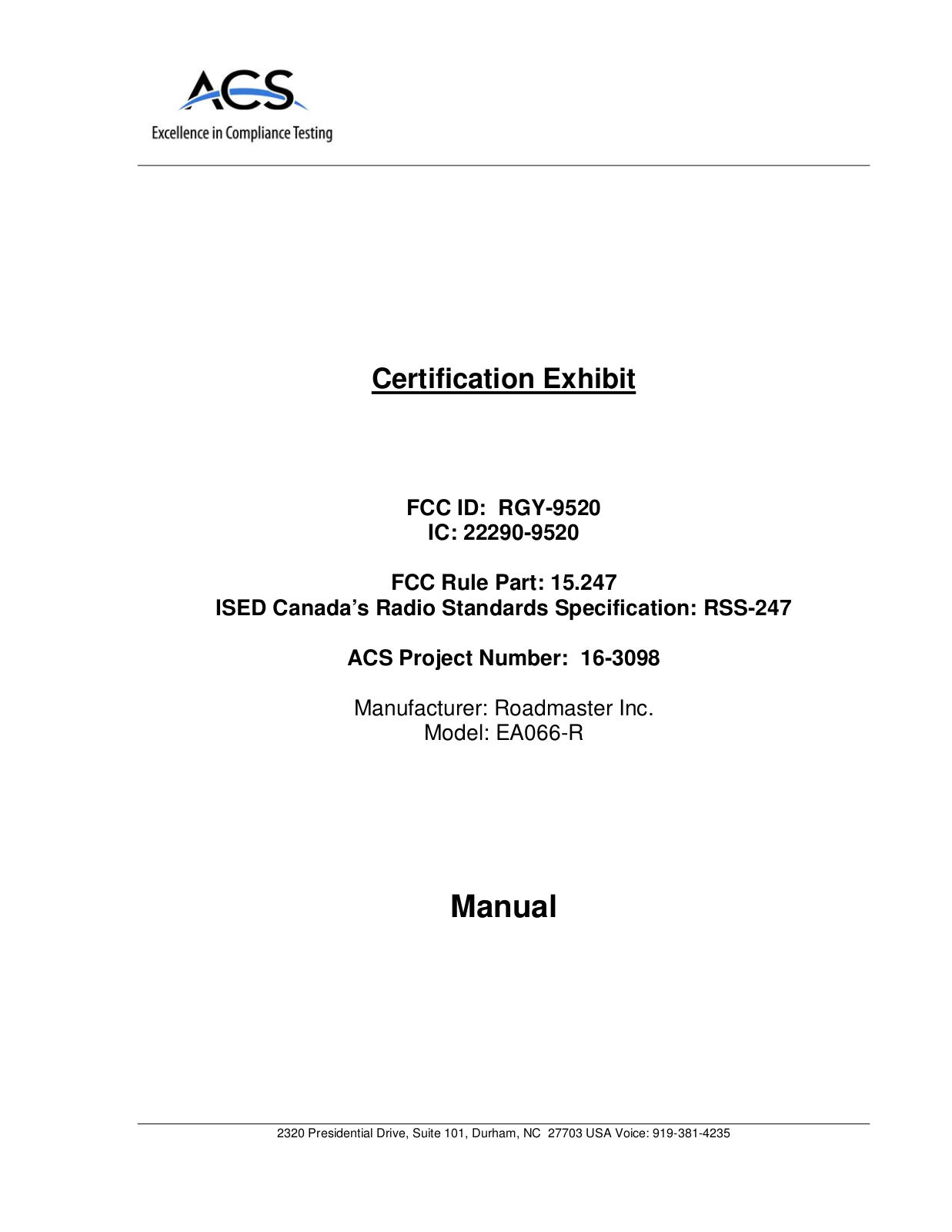 Roadmaster 9520 User Manual