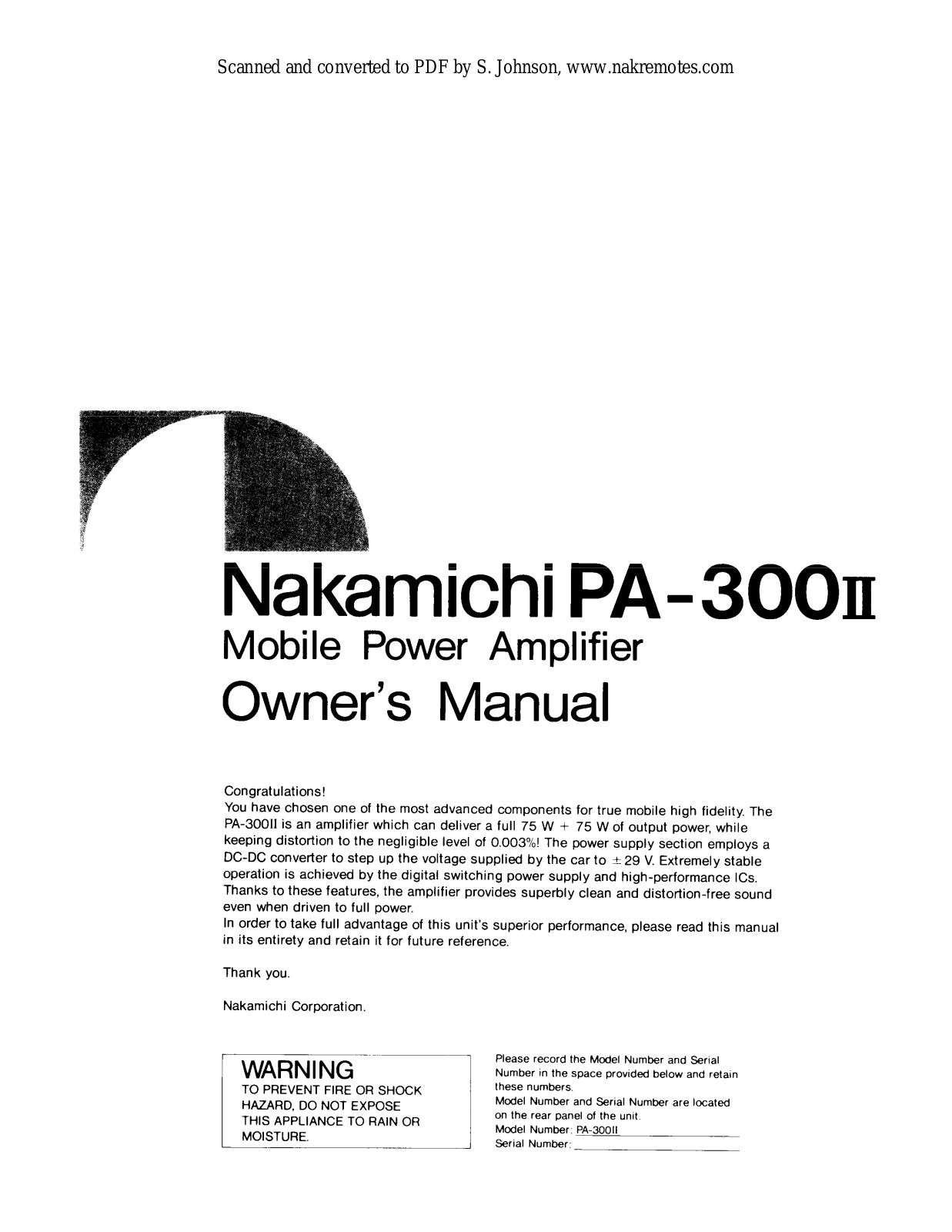 Nakamichi PA-300 Mk2 Owners manual