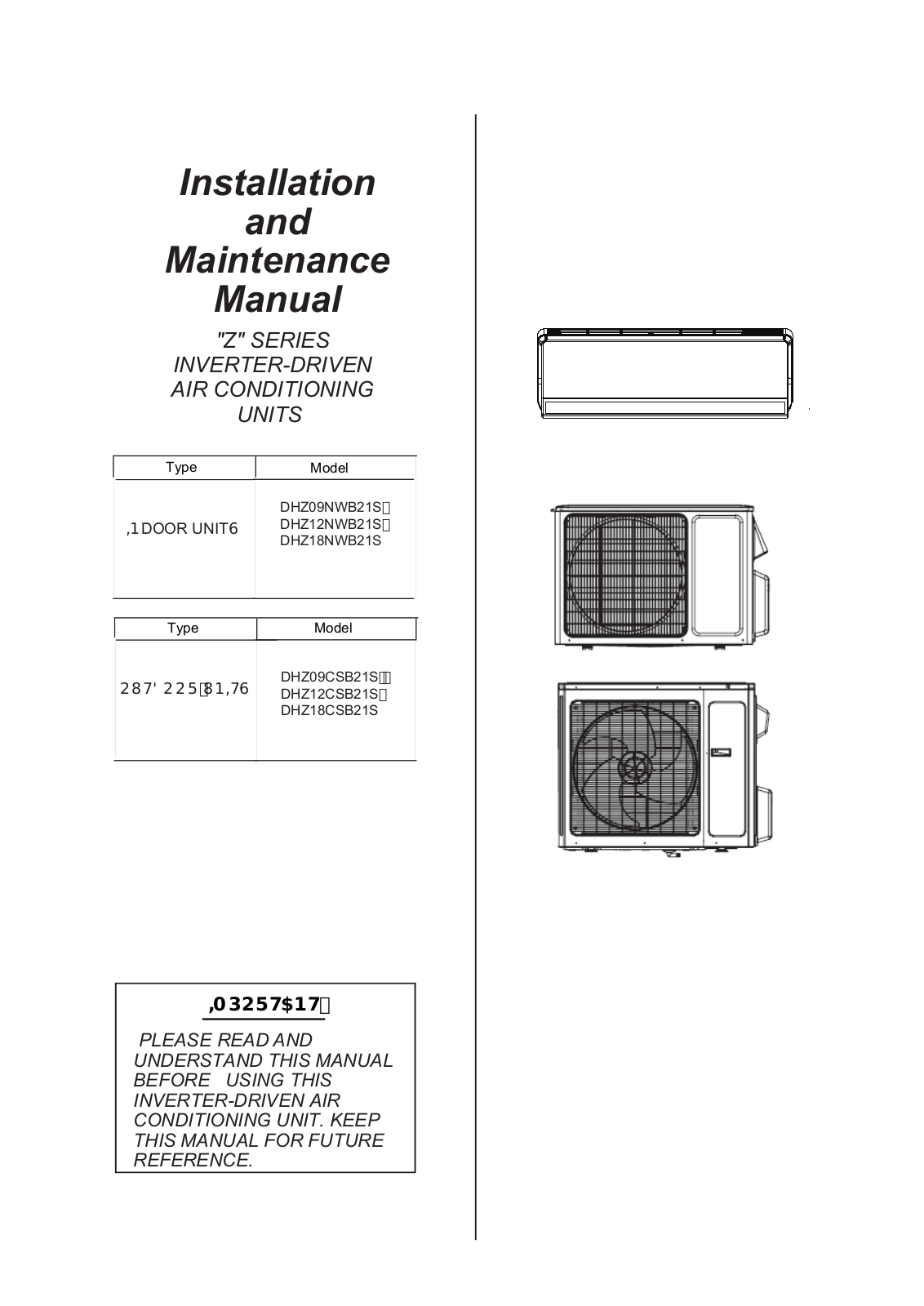 Johnson Controls Z Series, DHZ09NWB21S, DHZ12NWB21S, DHZ18NWB21S, DHZ12CSB21S Installation And Maintenance Manual