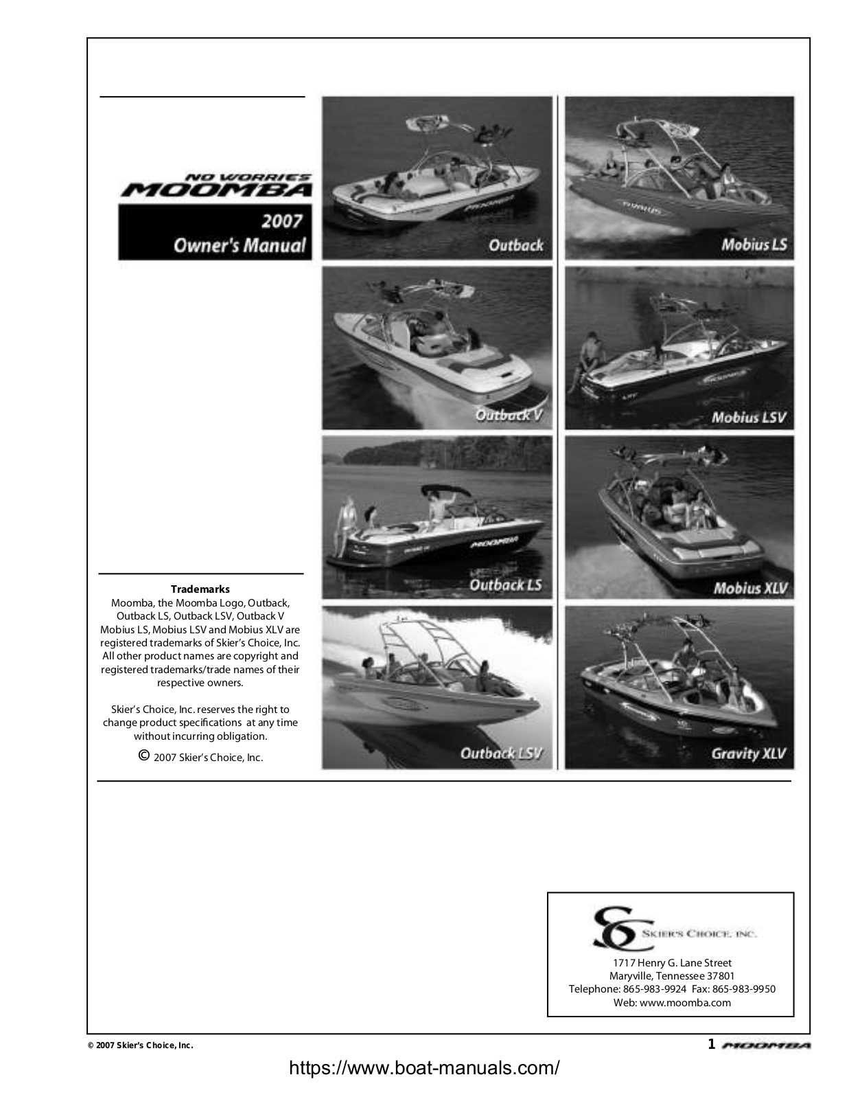 Moomba Outback LS, Outback V, Outback LSV, Mobius LSV, Mobius XLV Owner's Manual