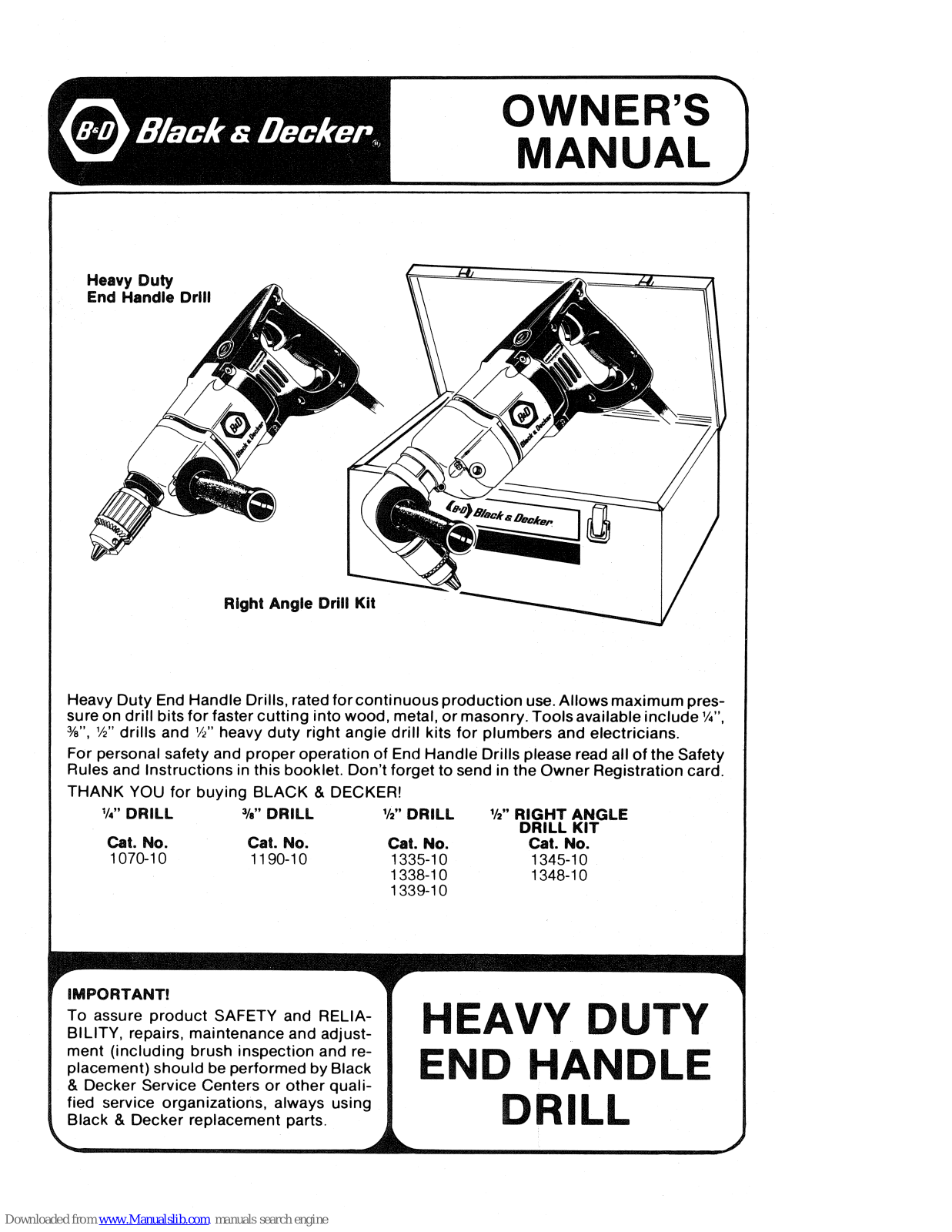 Black & Decker 1070-10, 1190-10, 1335-10, 1338-10, 1339-10 Owner's Manual