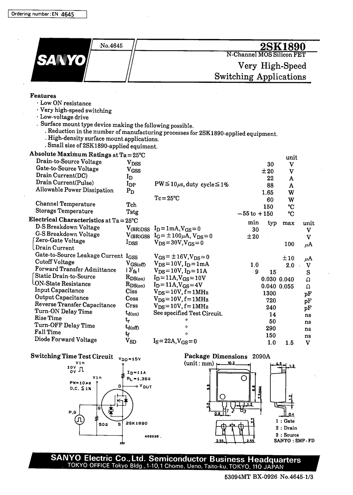 SANYO 2SK1890 Datasheet