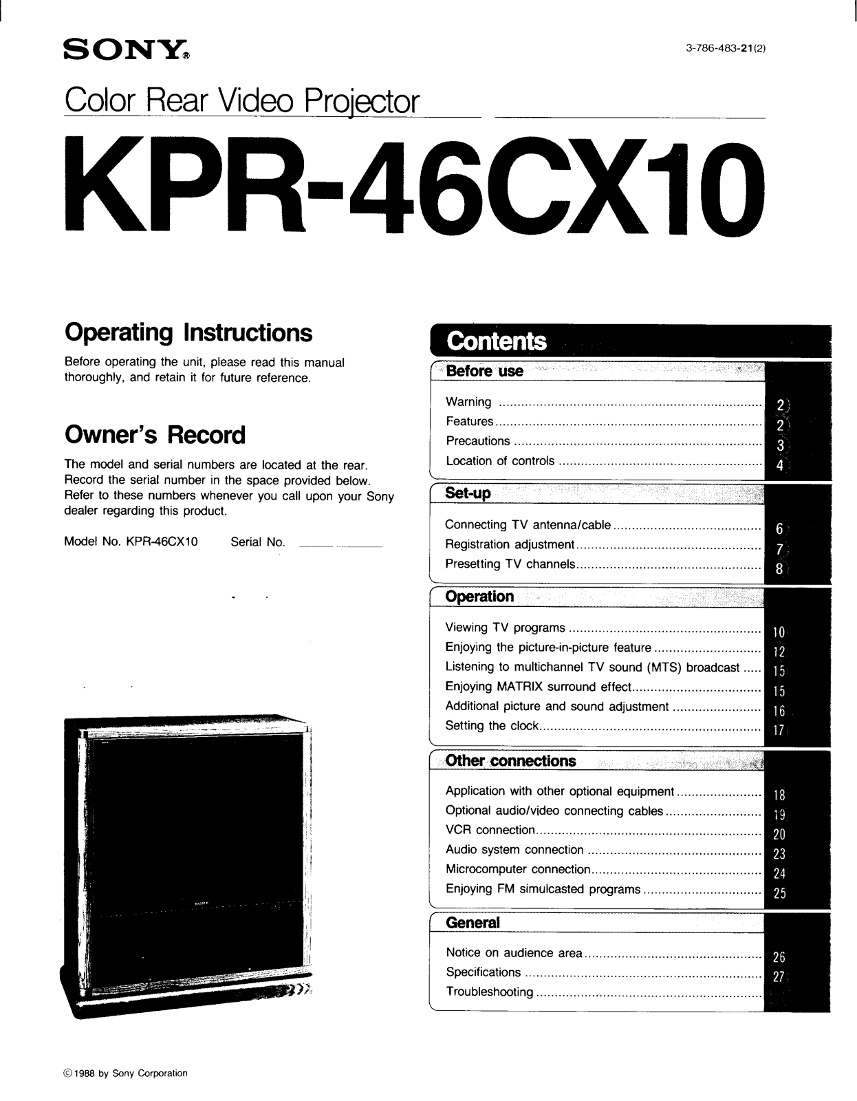 Sony KP-R46CX10 Primary User Manual