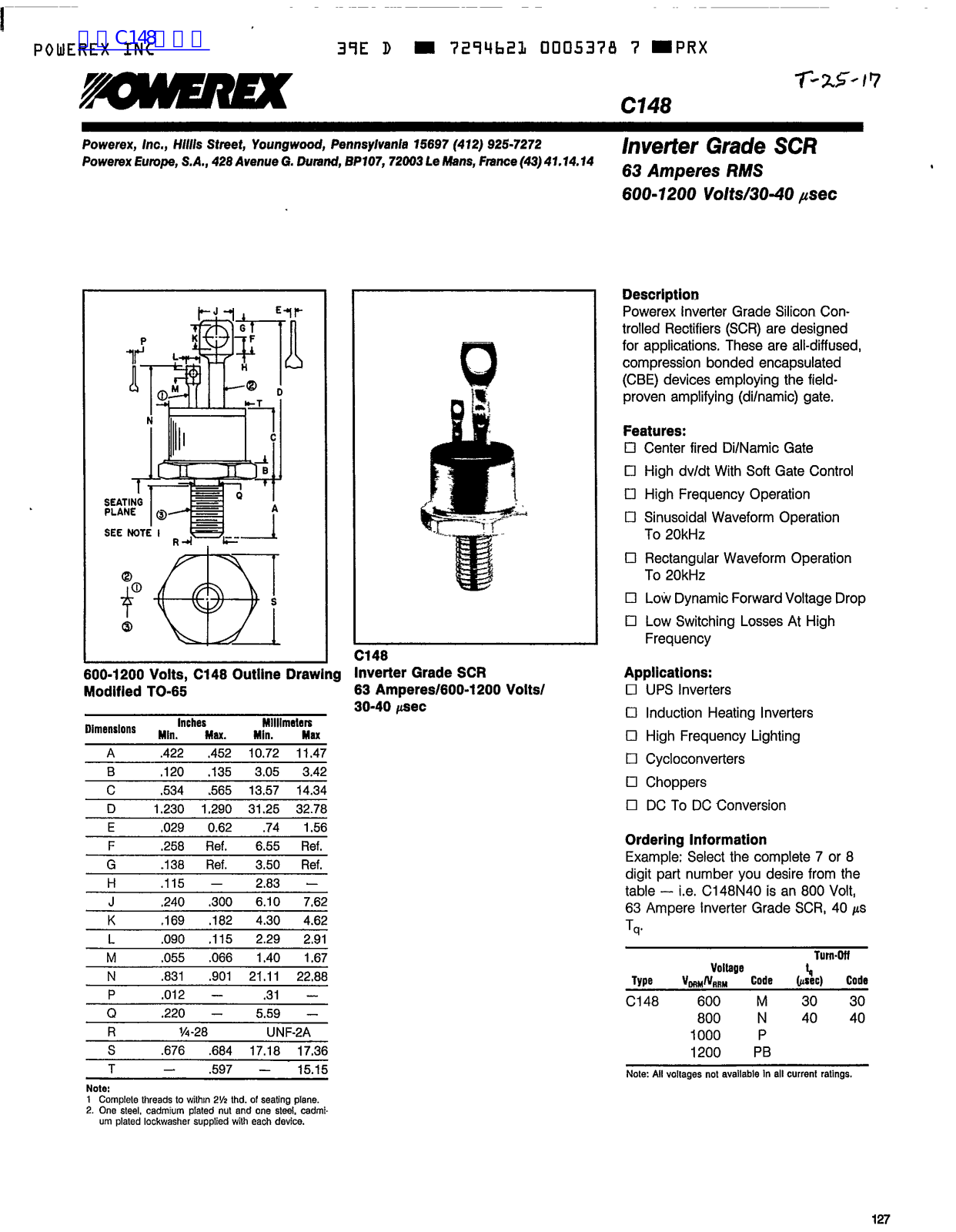 POWEREX C148 Technical data