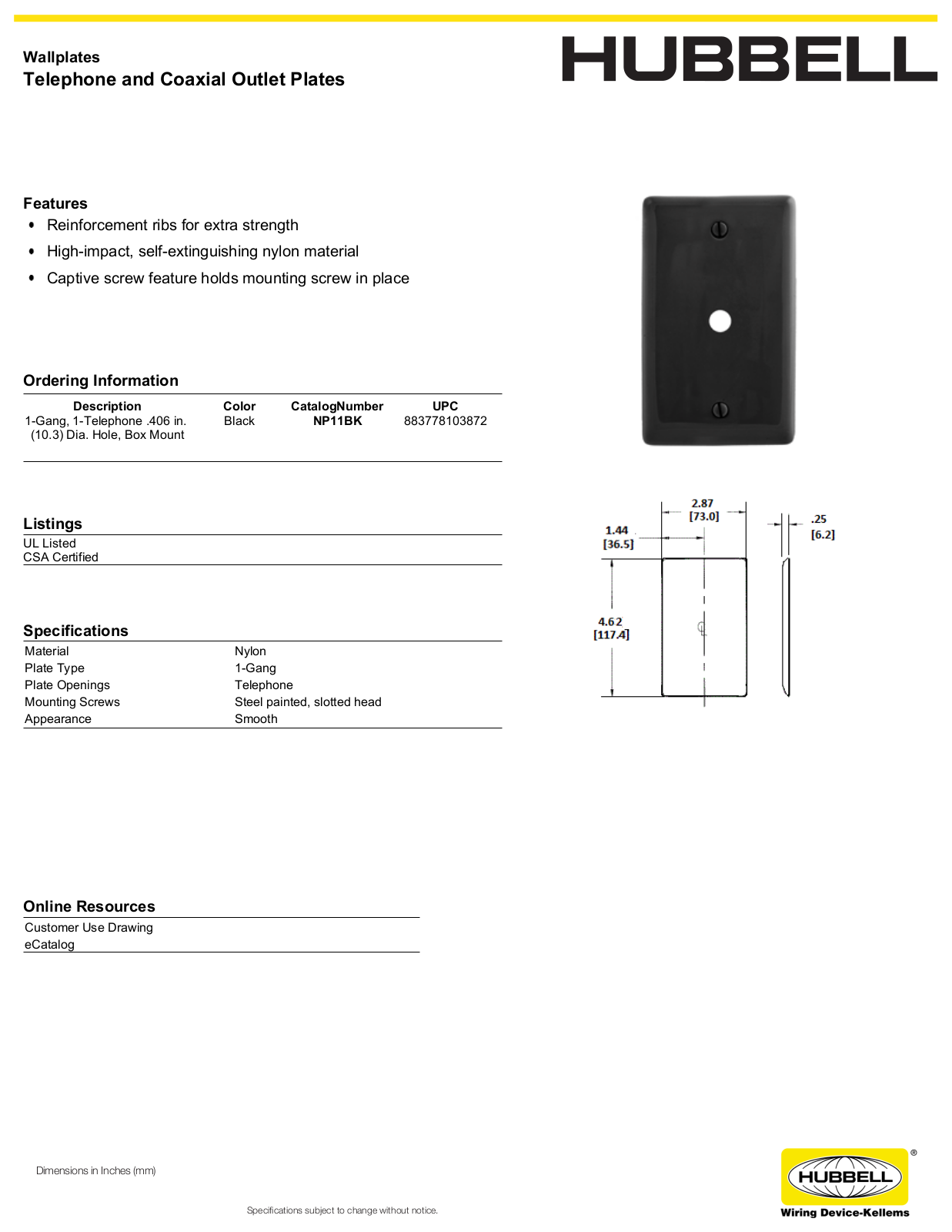 Hubbell NP11BK Specifications