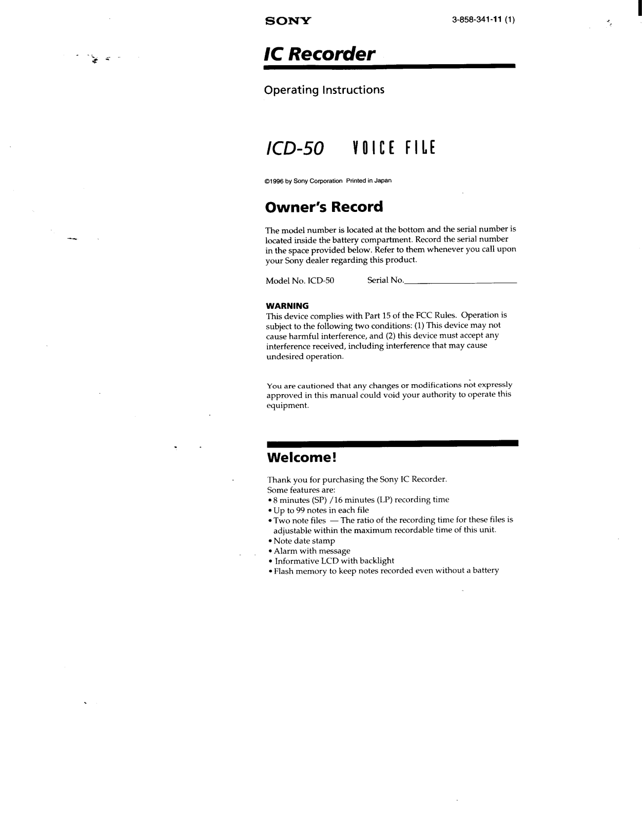 Sony ICD-50 Operating Instructions